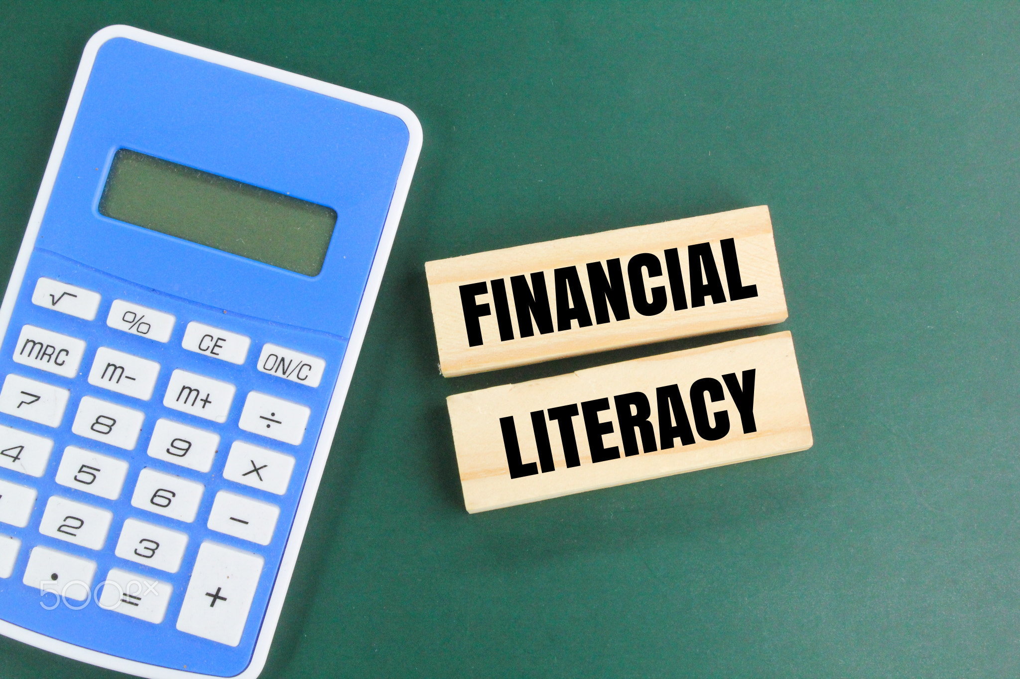 calculator and a stick with the word FINANCIAL LITERACY. 