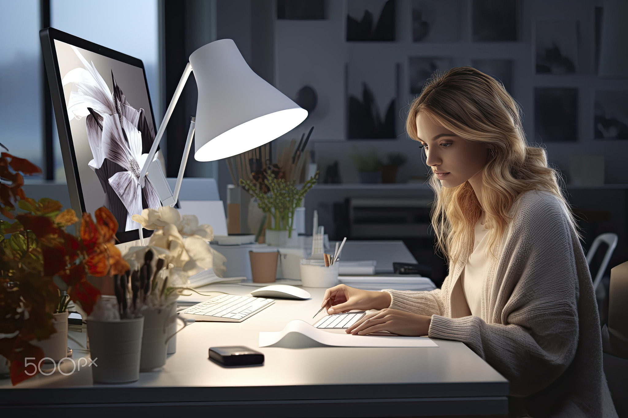 Woman graphic designer working in office. Woman work at home