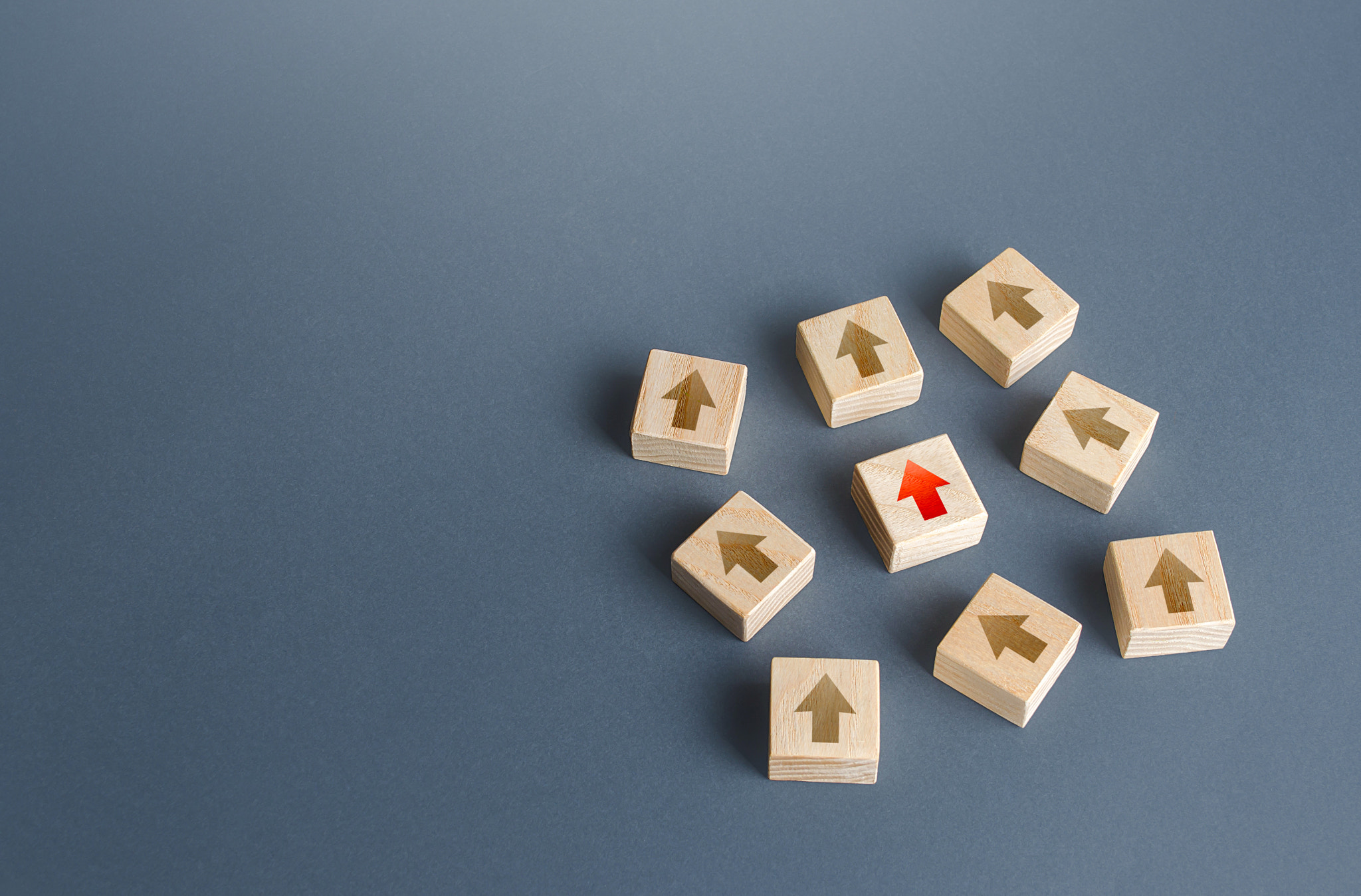 Only correct red arrow in disorder array. New strategies and solutions. Leadership qualities. Follow