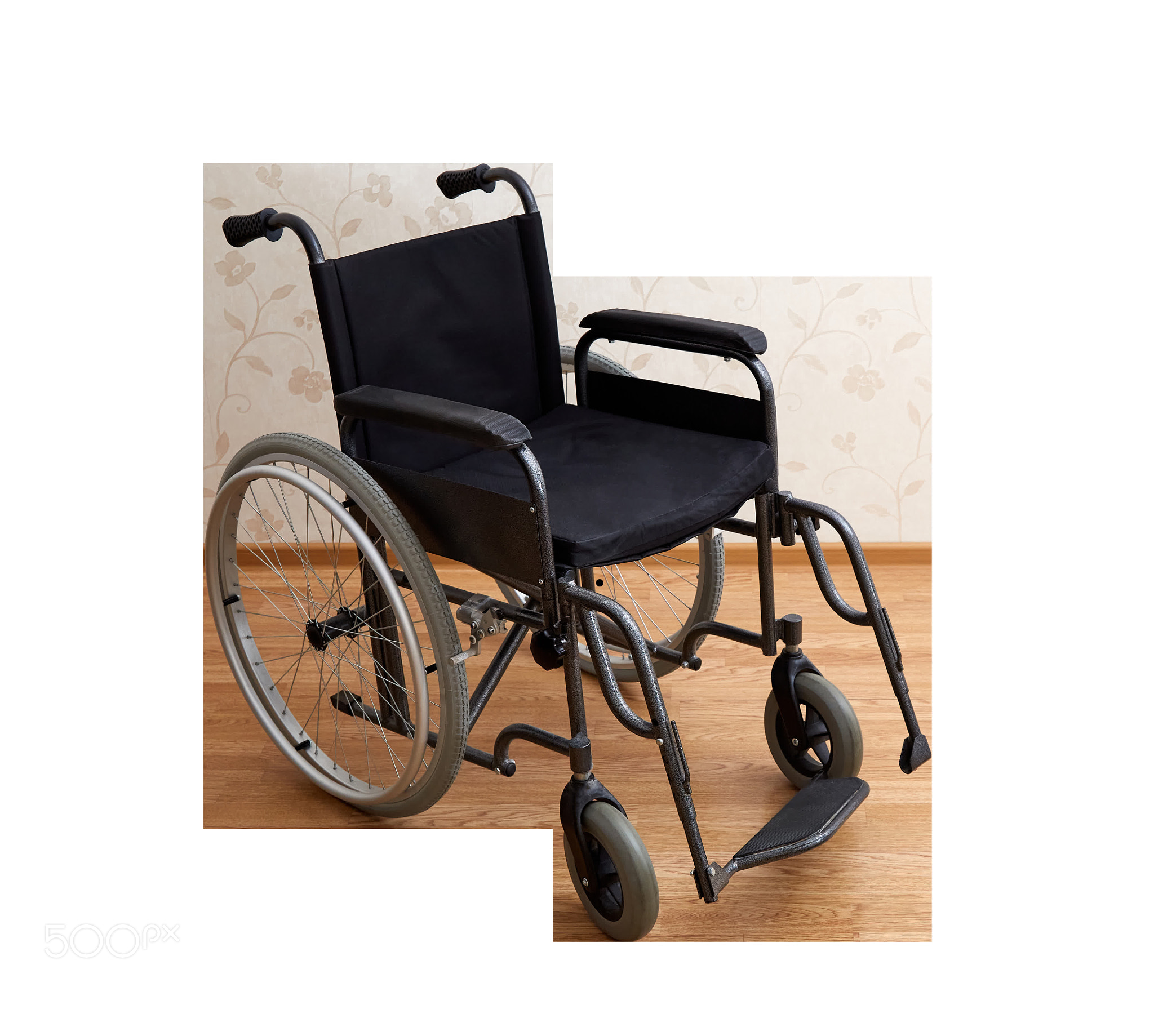 Vehicle for handicaped persons. Empty wheelchair in black with large