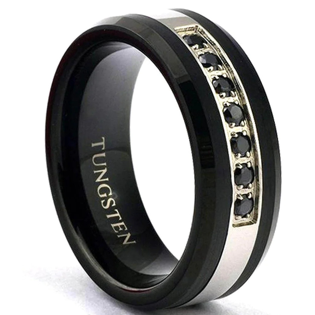 Vico's Black Mens Tungsten Wedding Ring Black Diamond bevel edges