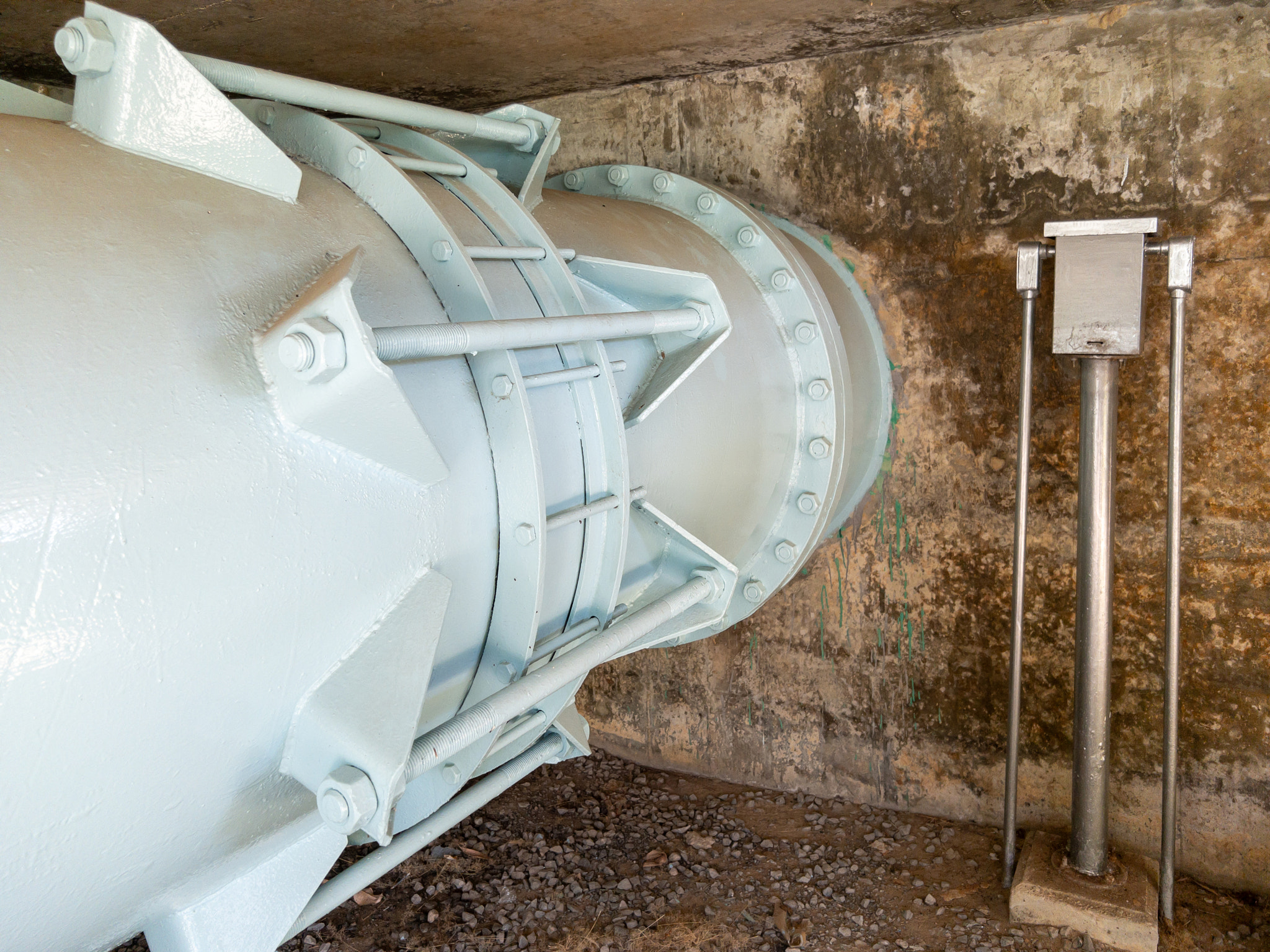 The large metal pipe from the water tank of the water filter plant.