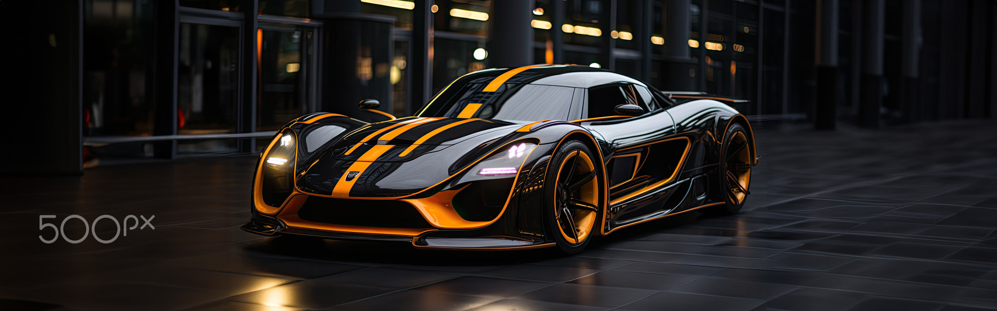 Futuristic Sports Car On Neon Highway. Powerful acceleration of a supercar on a night track with