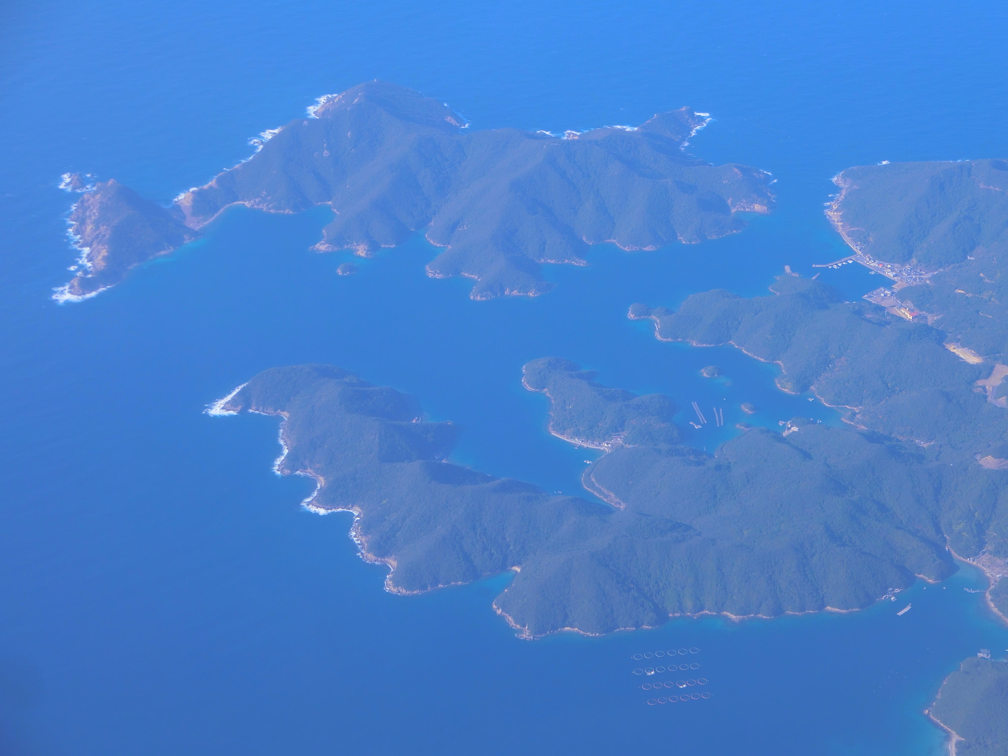 Aerial view of sea and mountains of Kami-Goto