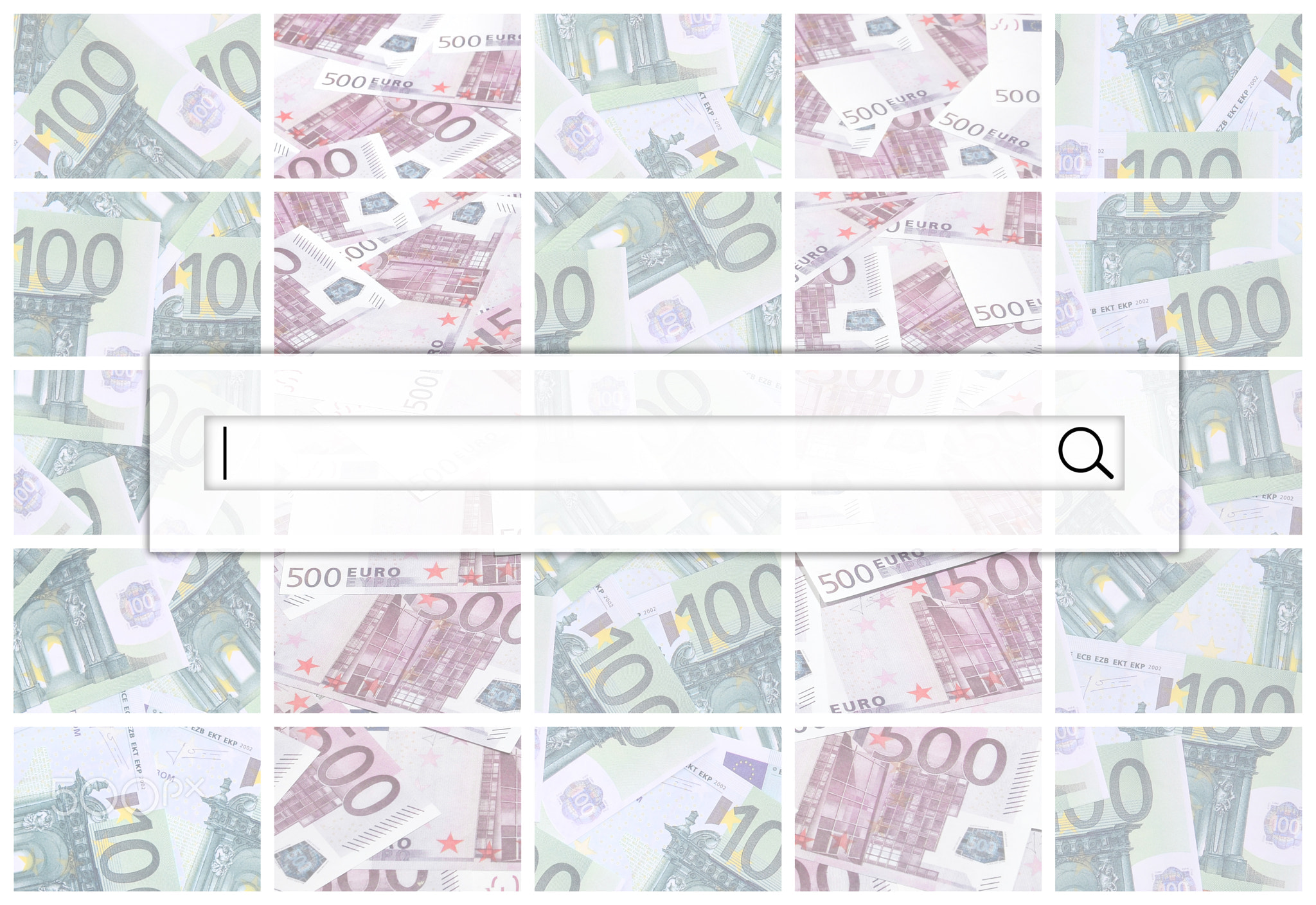 The search string is located on top of collage of many images of hundreds of dollars and euro bills