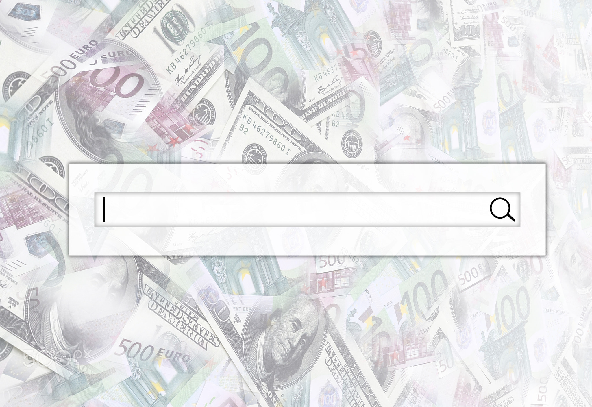 The search string is located on top of collage of many images of euro banknotes in denominations of