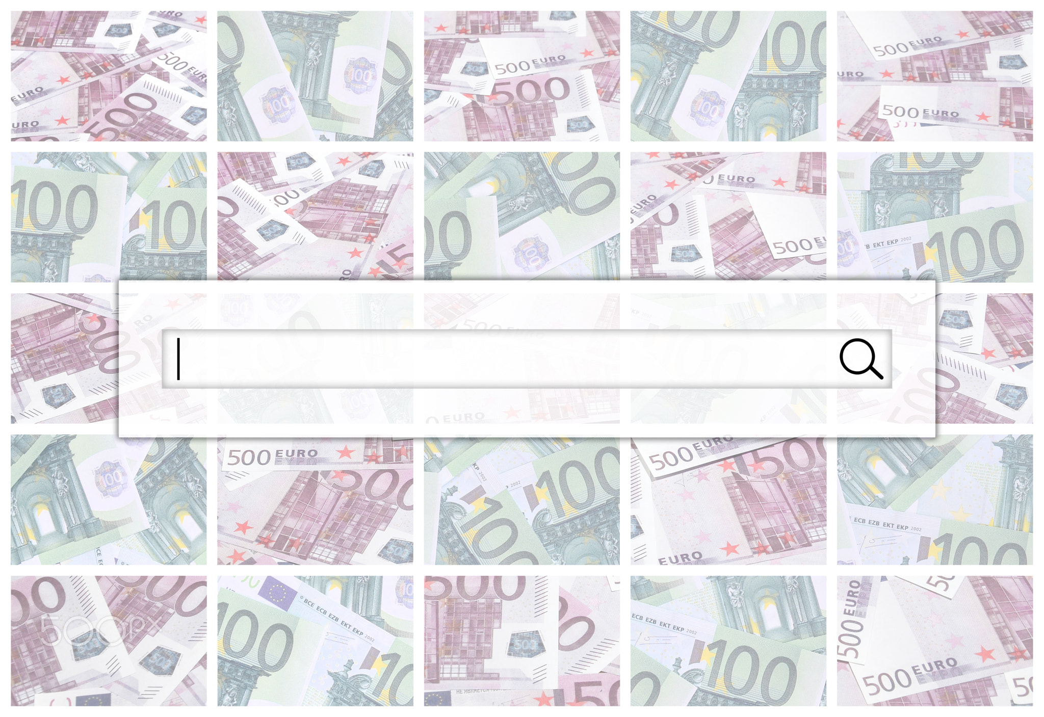 The search string is located on top of collage of many images of hundreds of dollars and euro bills