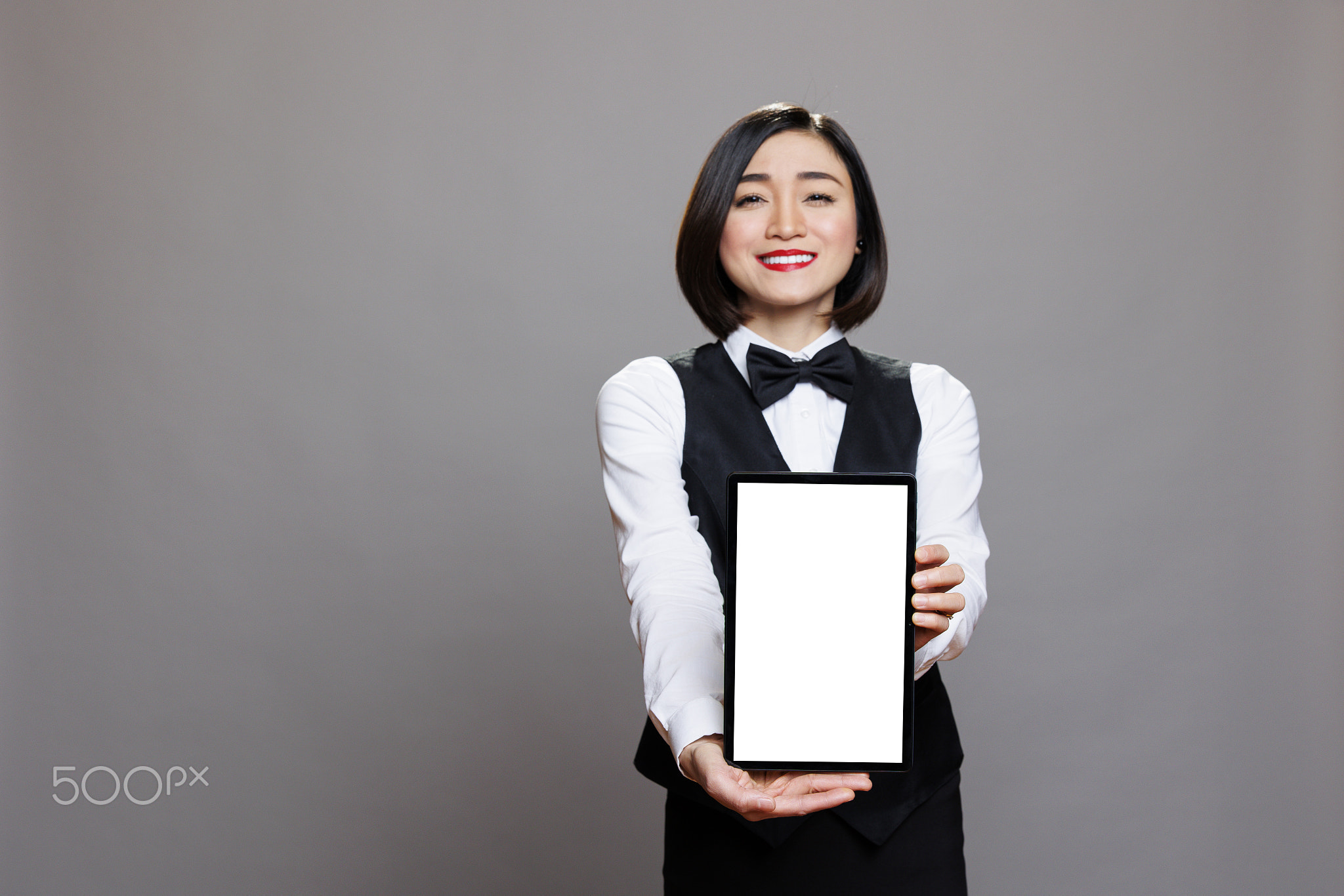 Waitress displaying tablet empty screen