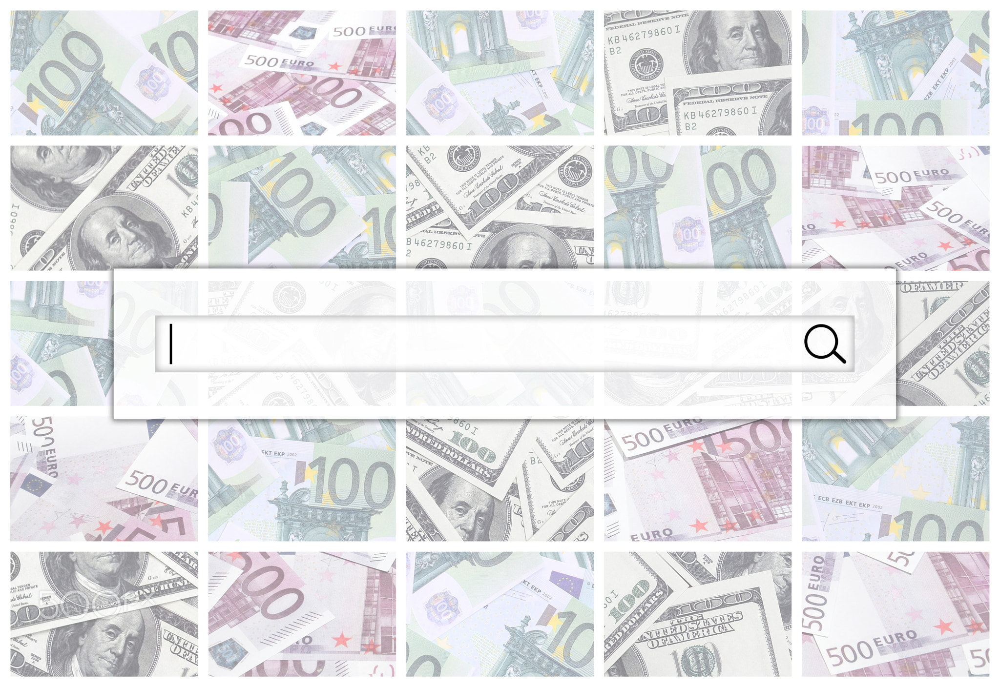 The search string is located on top of collage of many images of euro banknotes in denominations of