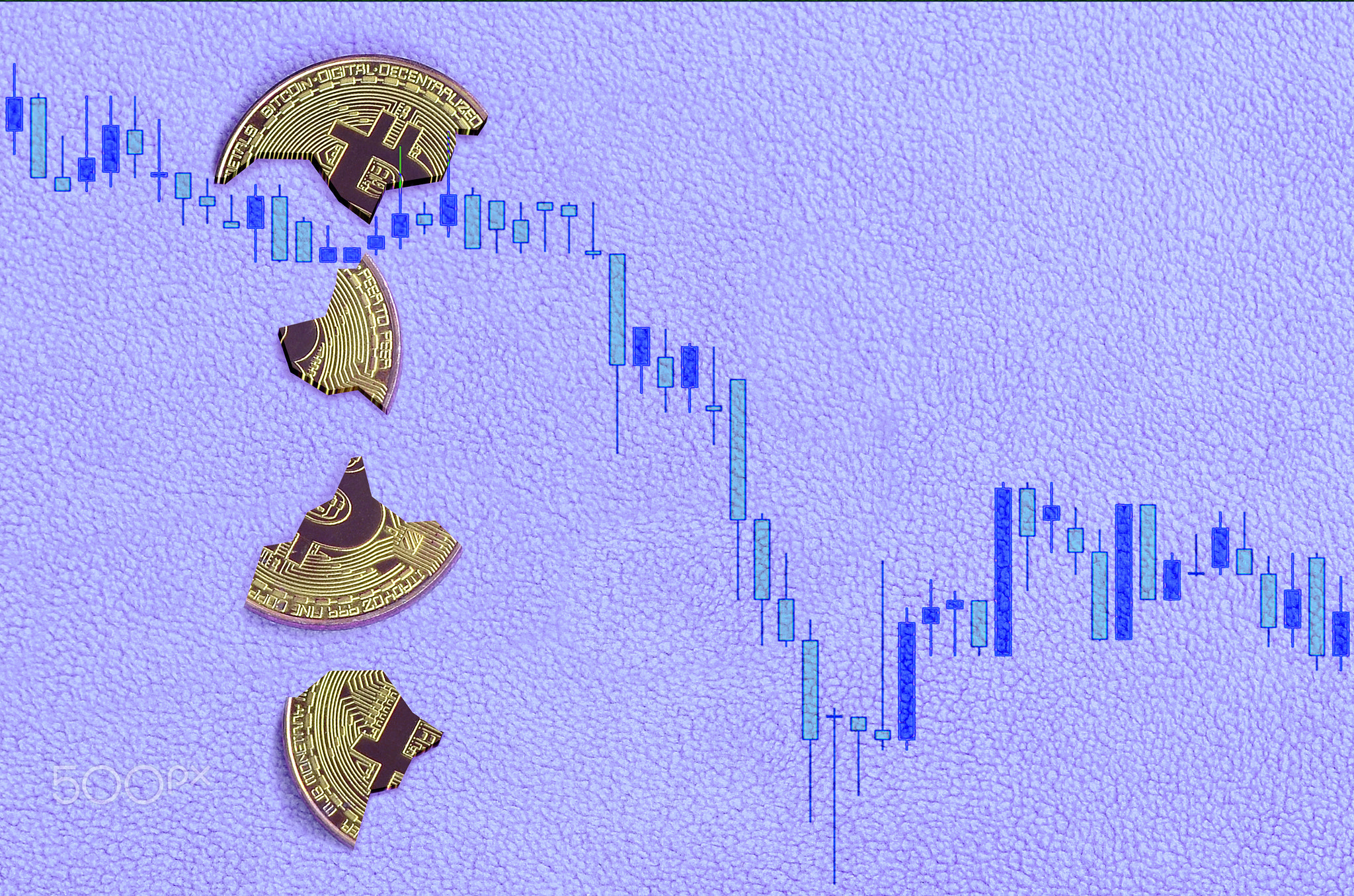 Broken bitcoin on a falling digital chart of the cryptocurrency rate