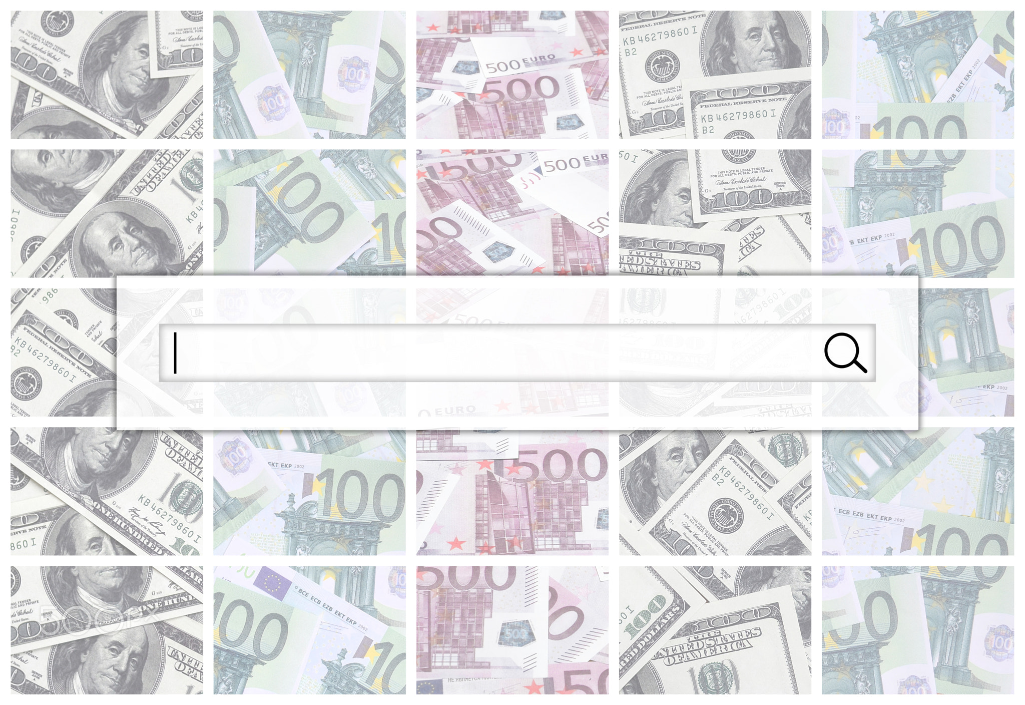 The search string is located on top of collage of many images of euro banknotes in denominations of