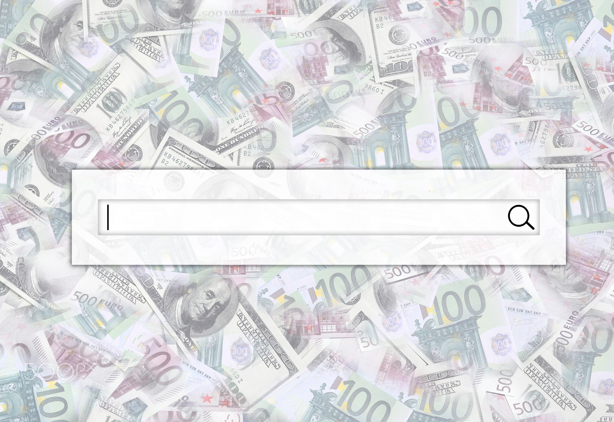 The search string is located on top of collage of many images of euro banknotes in denominations of
