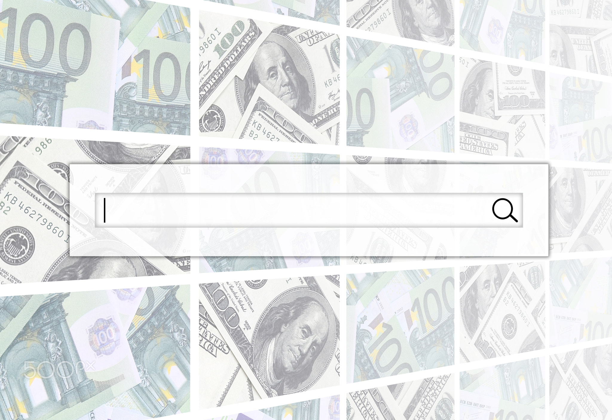 The search string is located on top of collage of many images of euro banknotes in denominations of