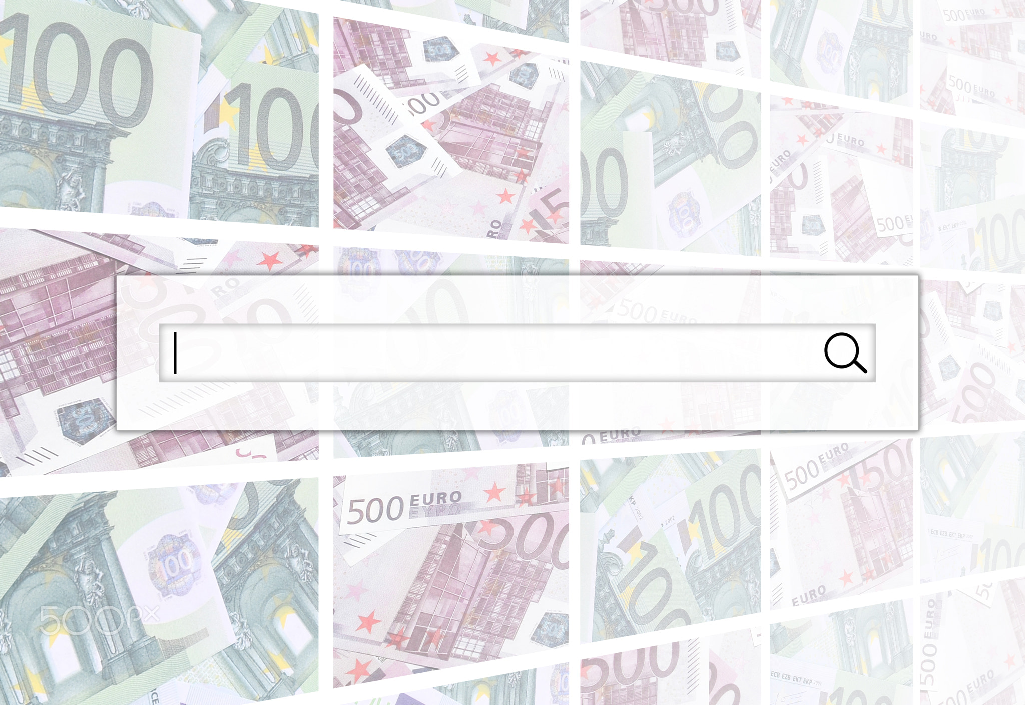 The search string is located on top of collage of many images of hundreds of dollars and euro bills