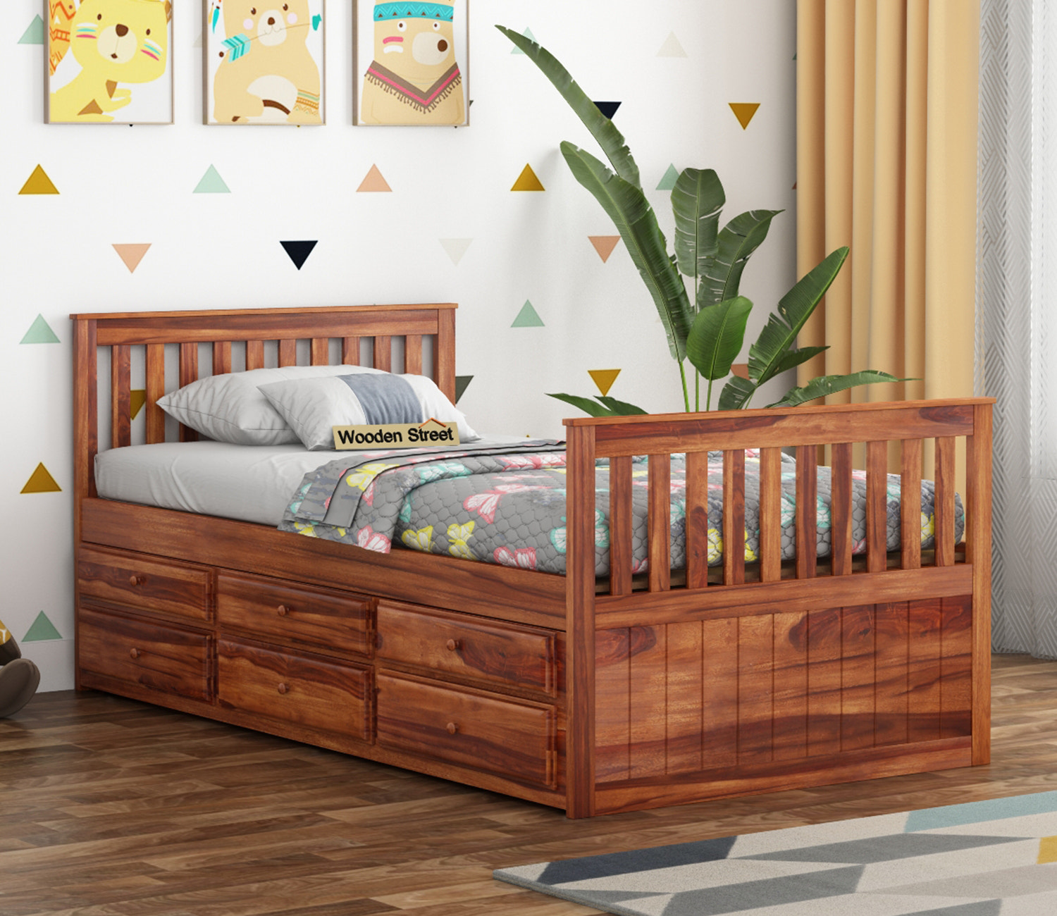 Buy Gary Kids Trundle Bed With Storage (Honey Finish) Online