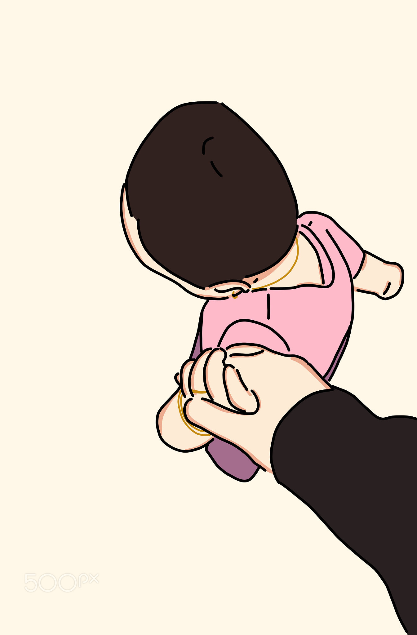 Animation looks above holding a small child