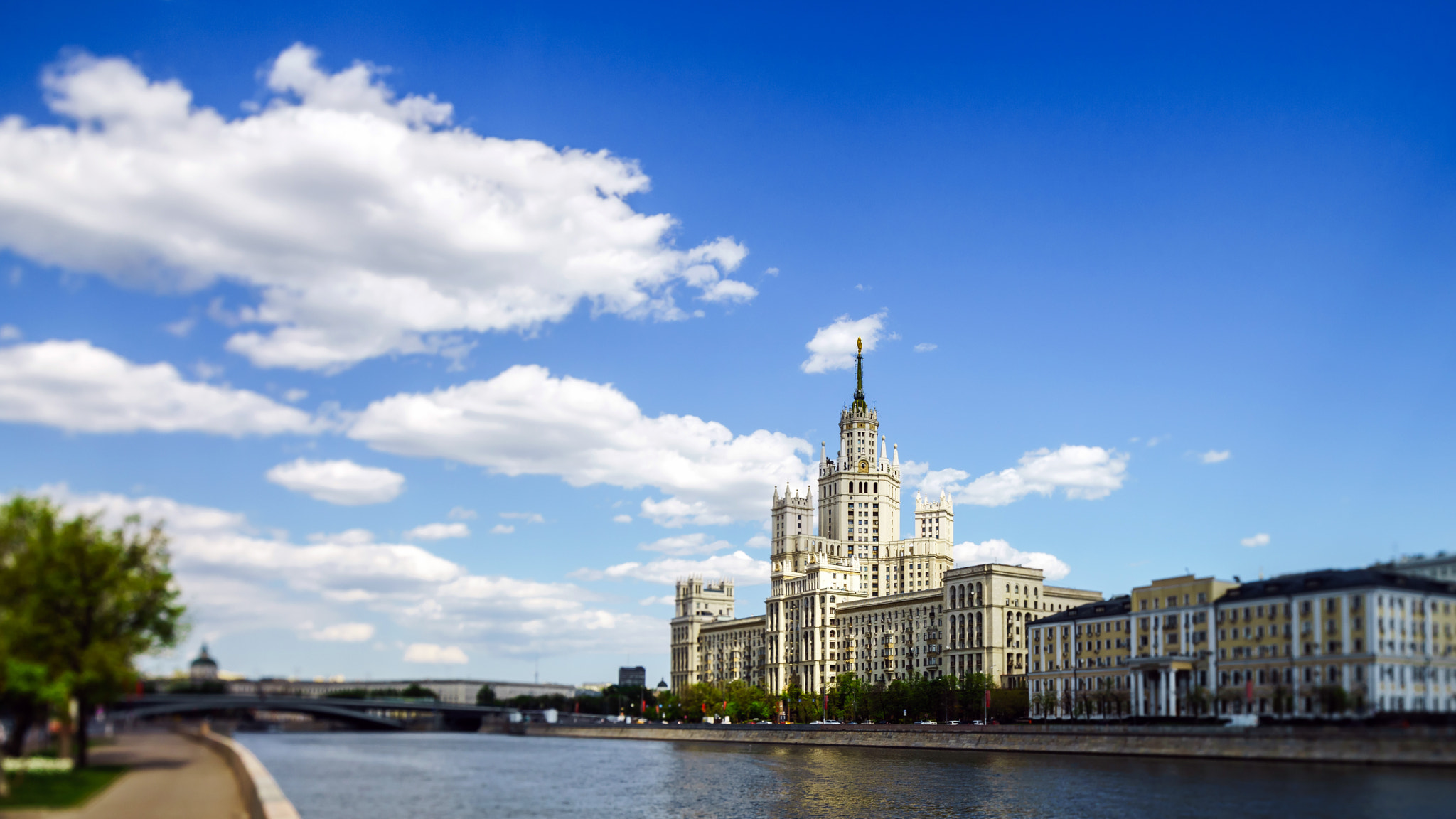 Beautiful view to stalin skyscraper on Moscow-river