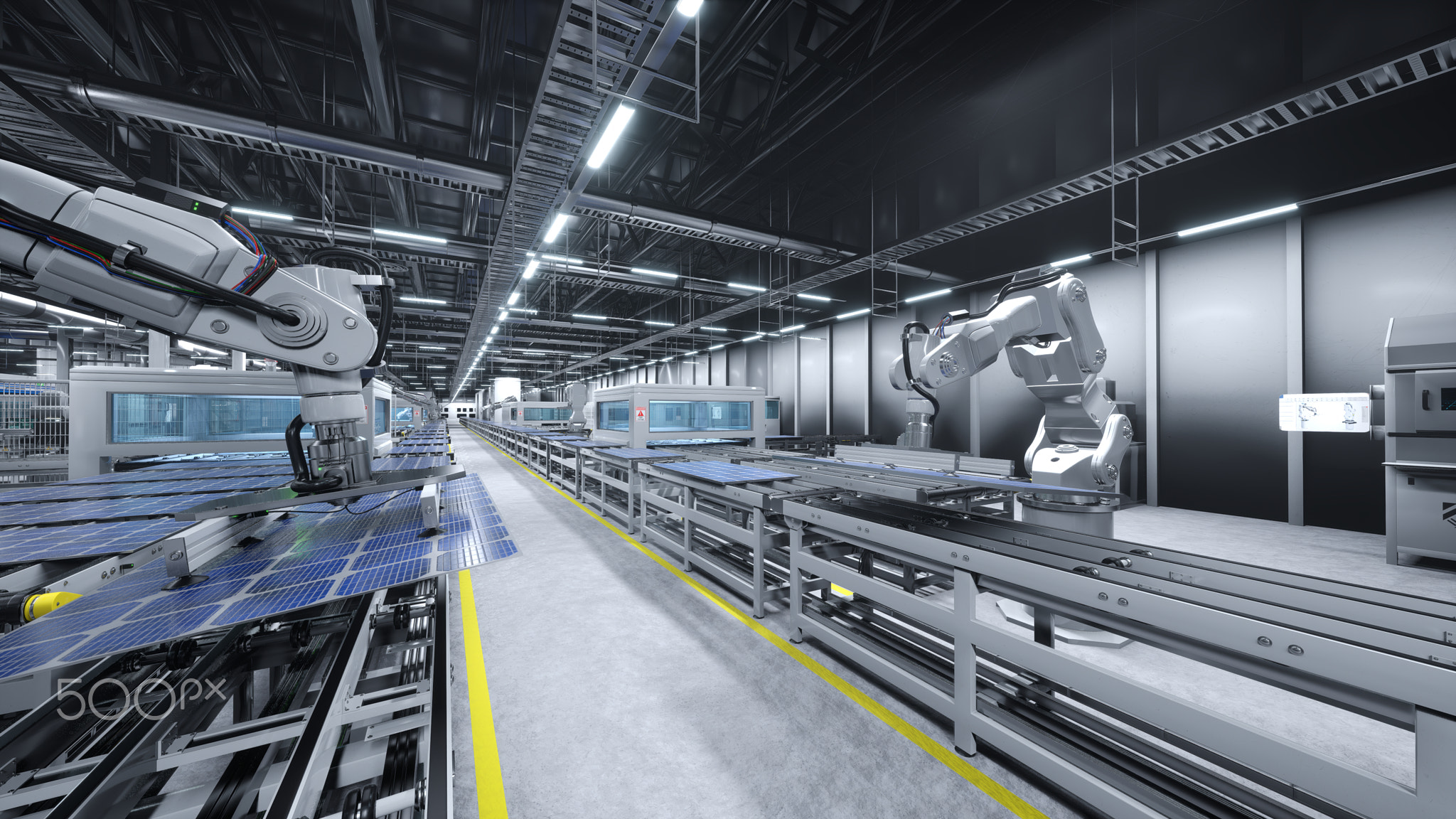 Sustainable business manufacturing solar cells in facility, 3D