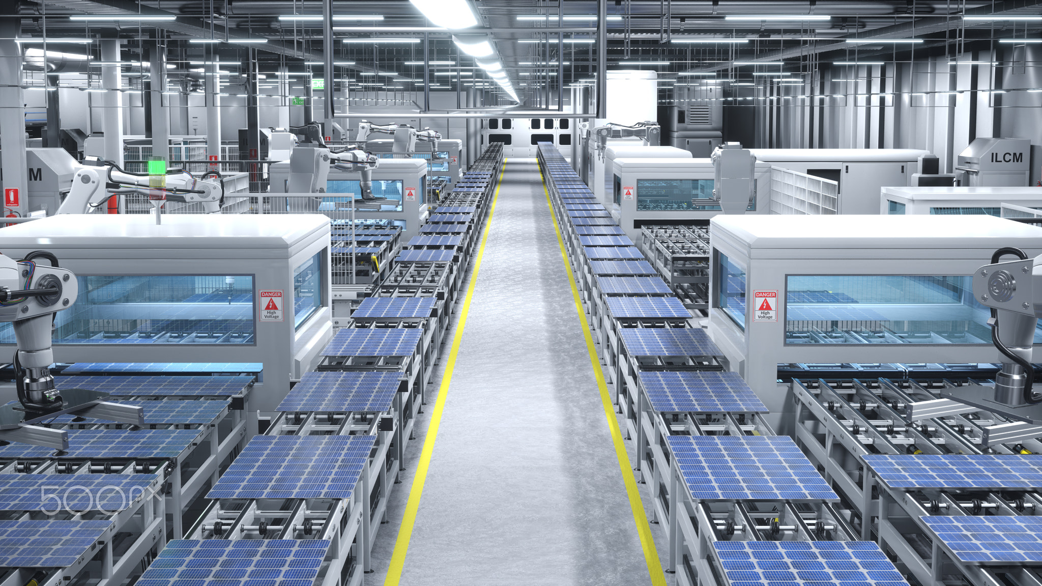 Solar panels being moved on conveyor belts during production process