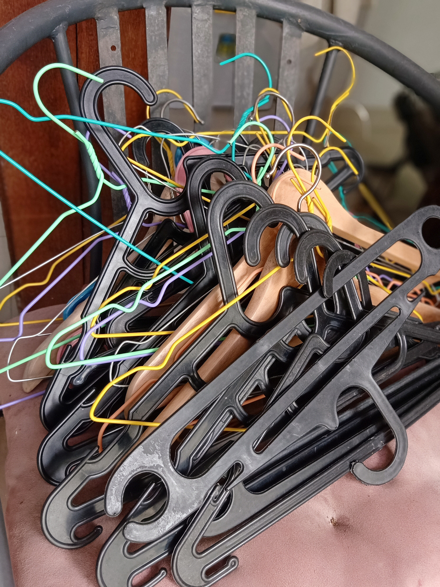 A colorful coat hanger on the chair