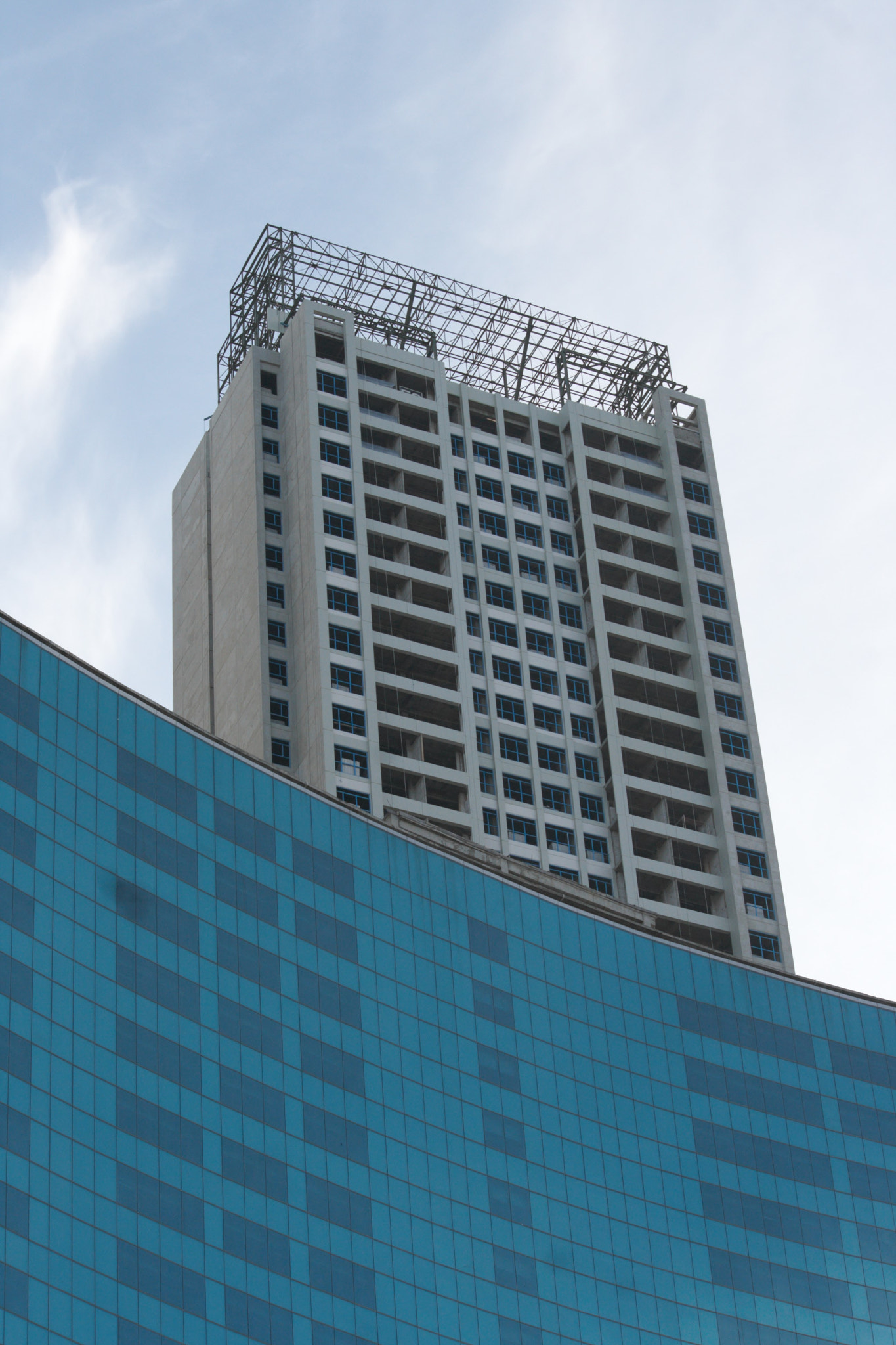 View of apartment towers and malls.