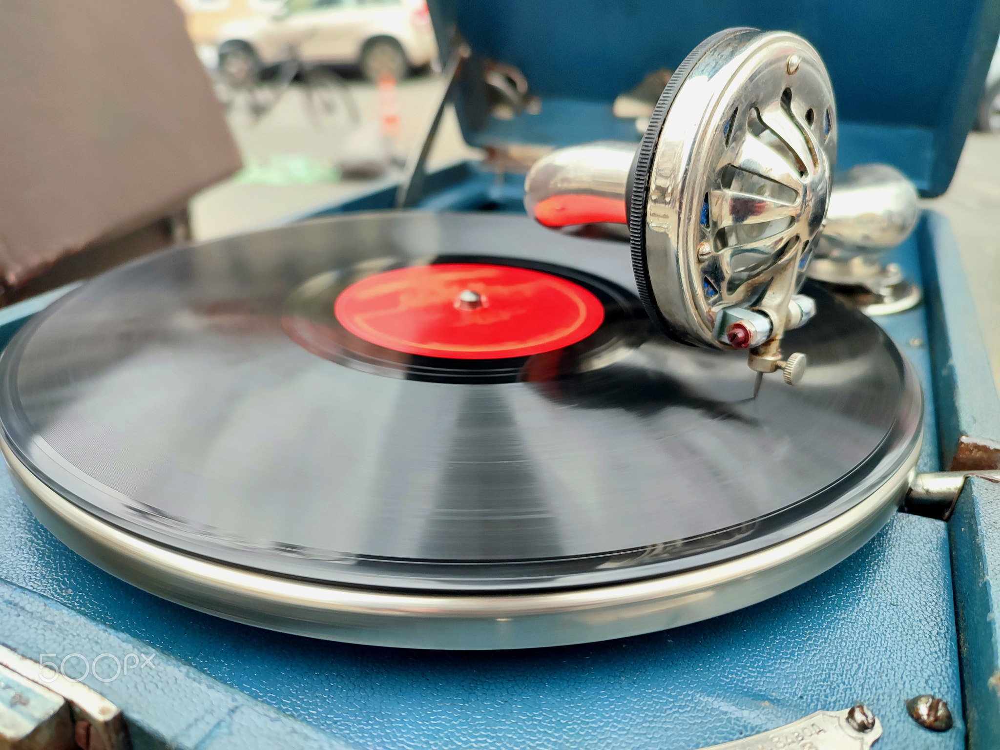 Old retro record playing vintage gramophone flea market Work portable