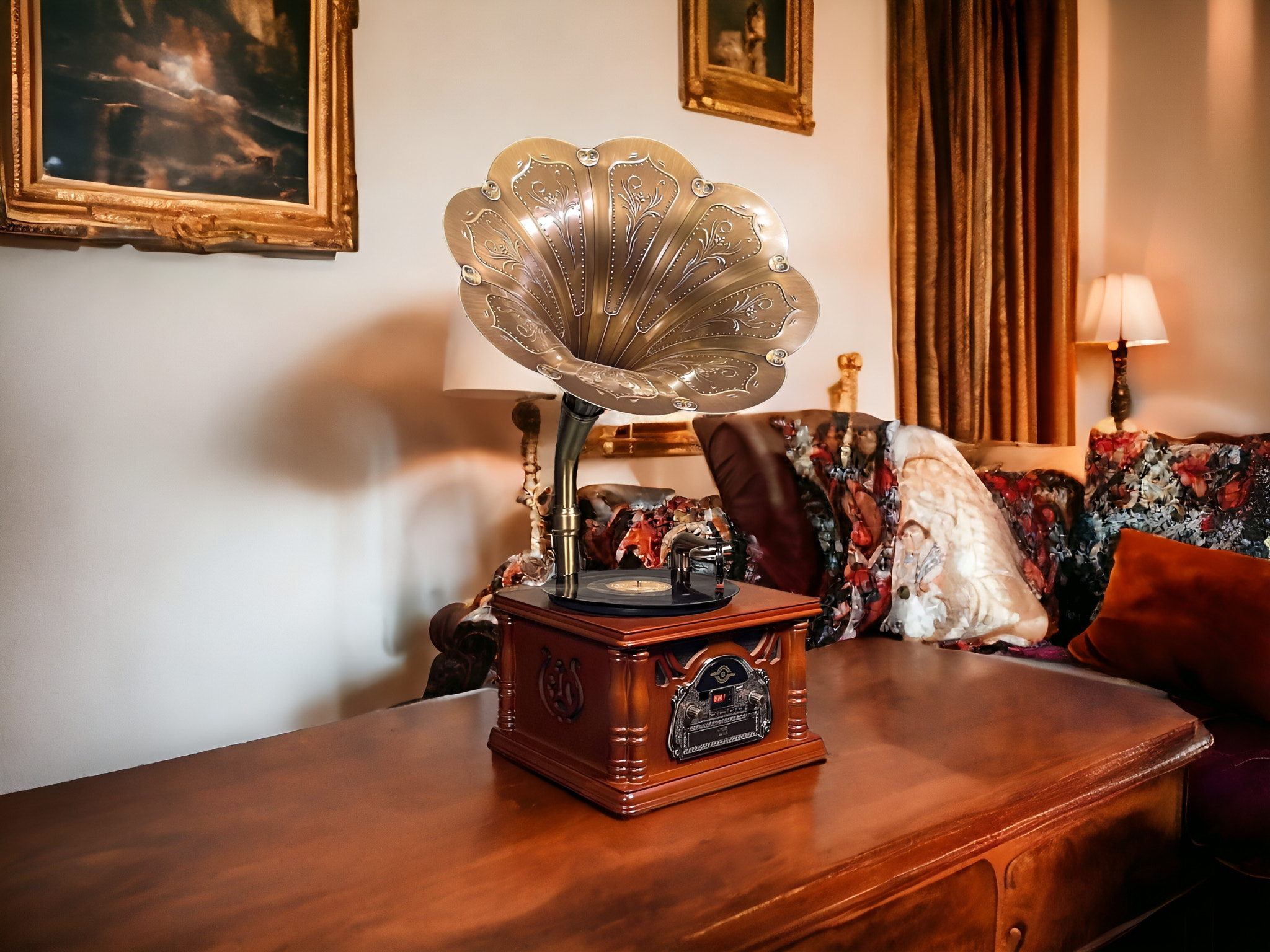 Close-up of antique gramophone on table at home