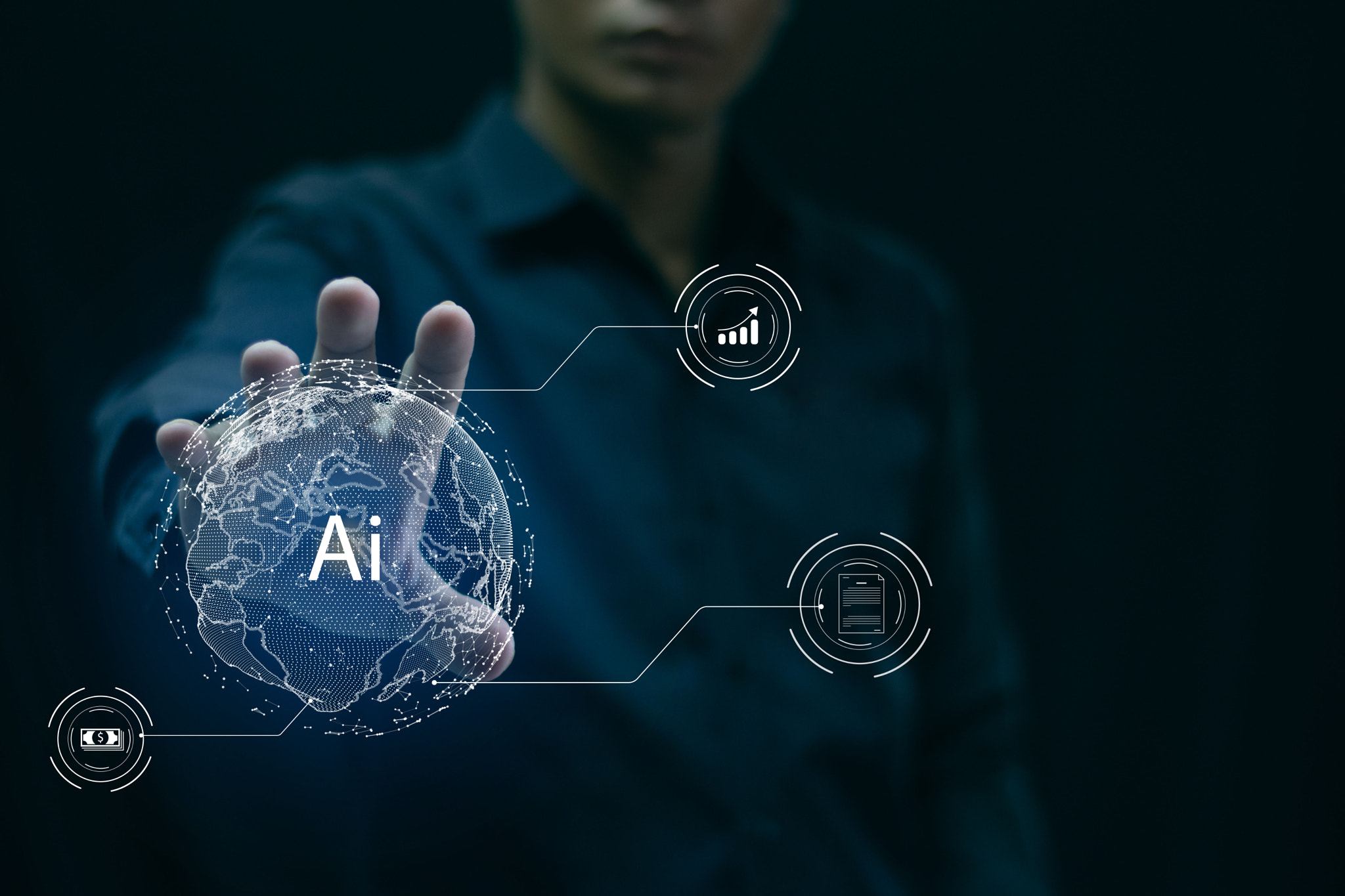 The world of AI technology Businesspeople use AI technology to connect and process business.