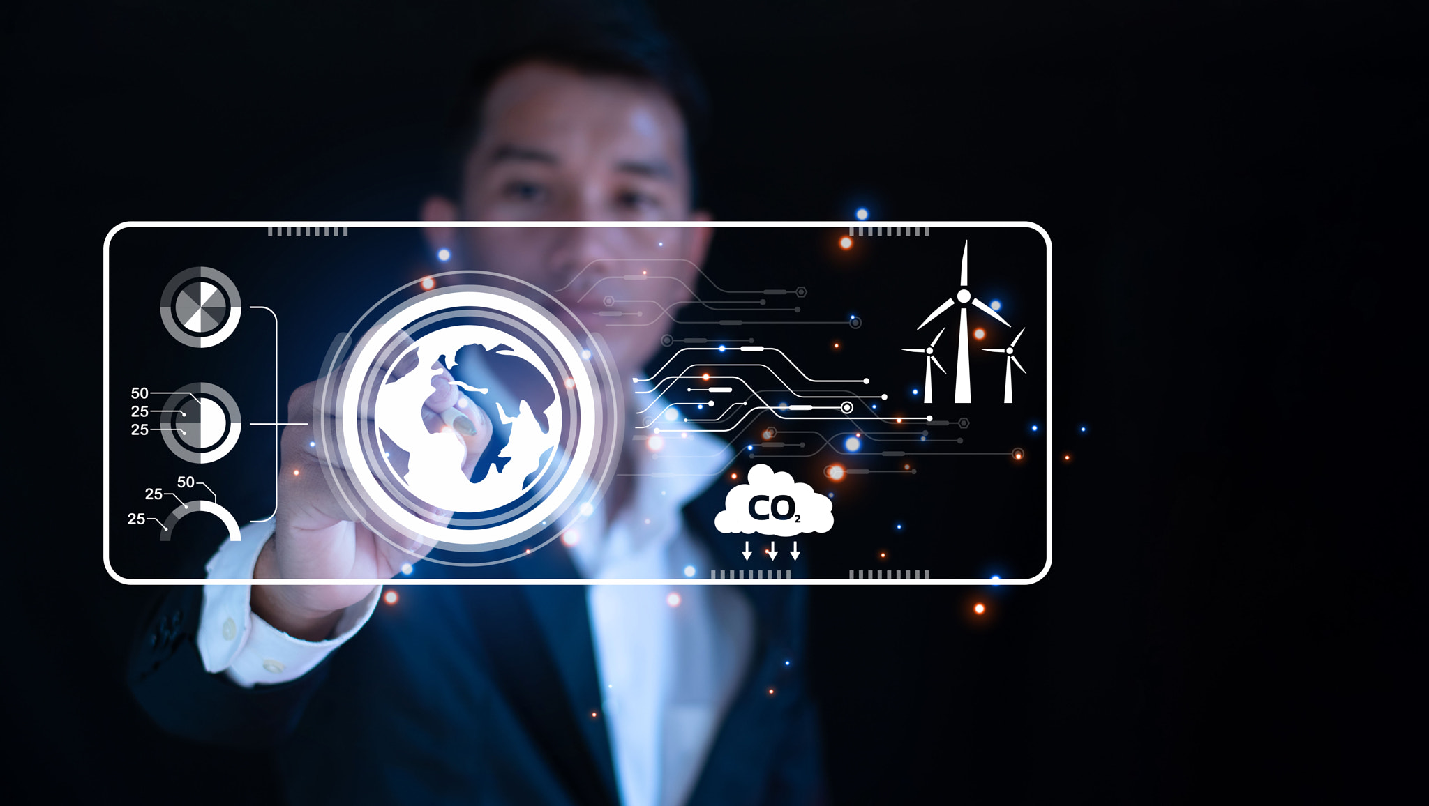 Businessman working on virtual screen to reduce CO2 emissions, climate change to limit global warmin