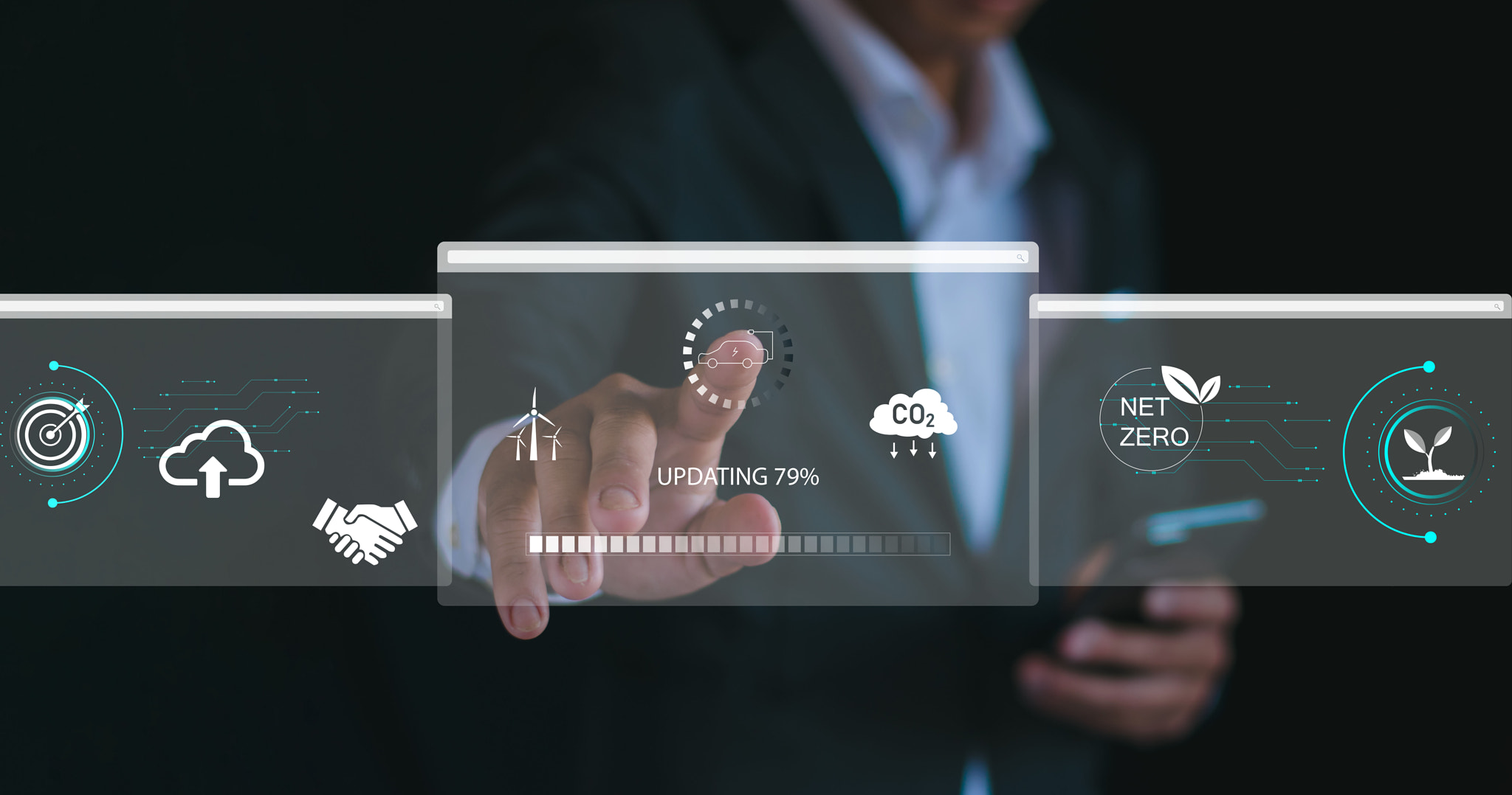 Businessmen work on virtual screens to reduce carbon dioxide emissions, climate change, limit global