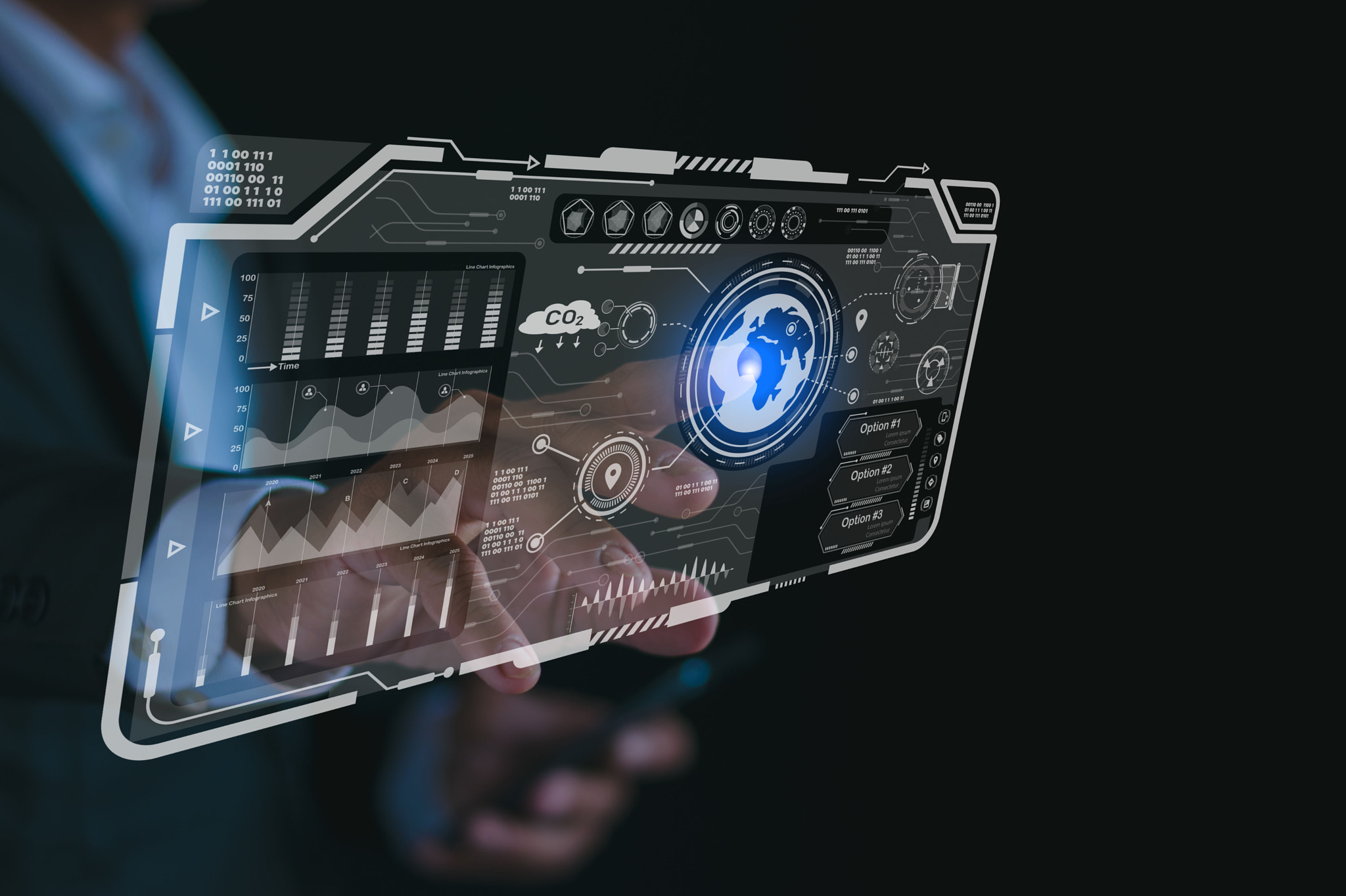 Entrepreneurs work on virtual screens to reduce carbon dioxide emissions, and climate change limits