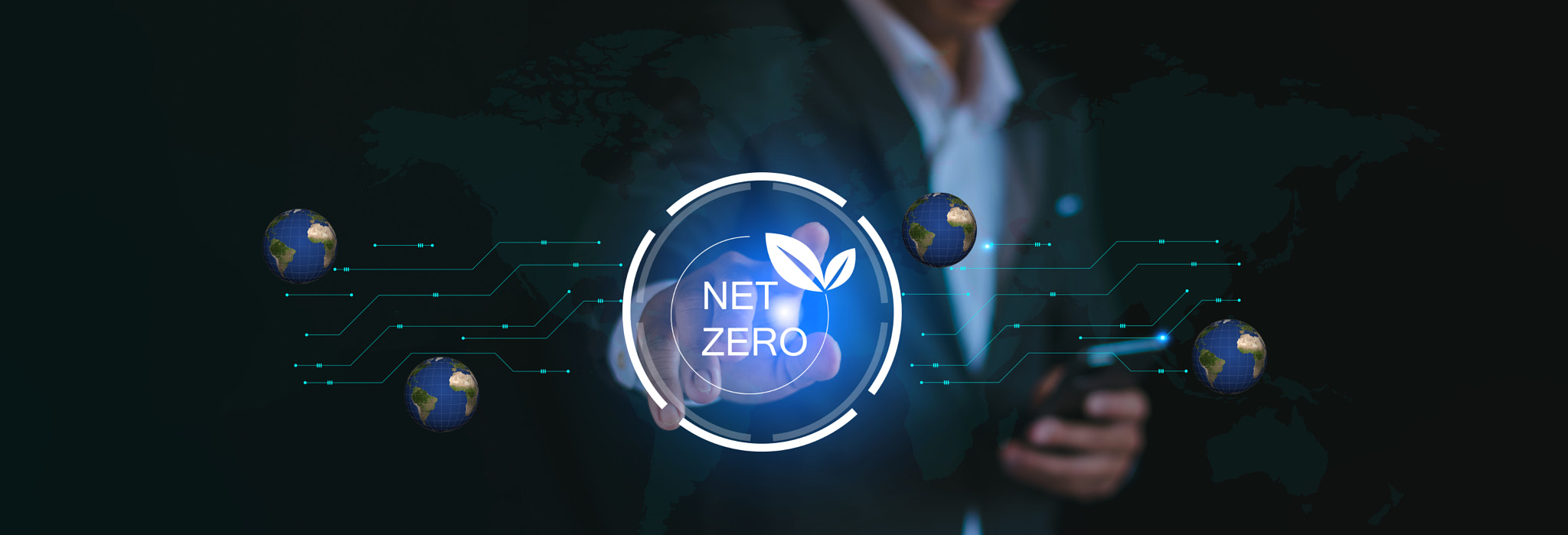 Entrepreneurs work on virtual screens to reduce carbon dioxide emissions, climate change limits glob