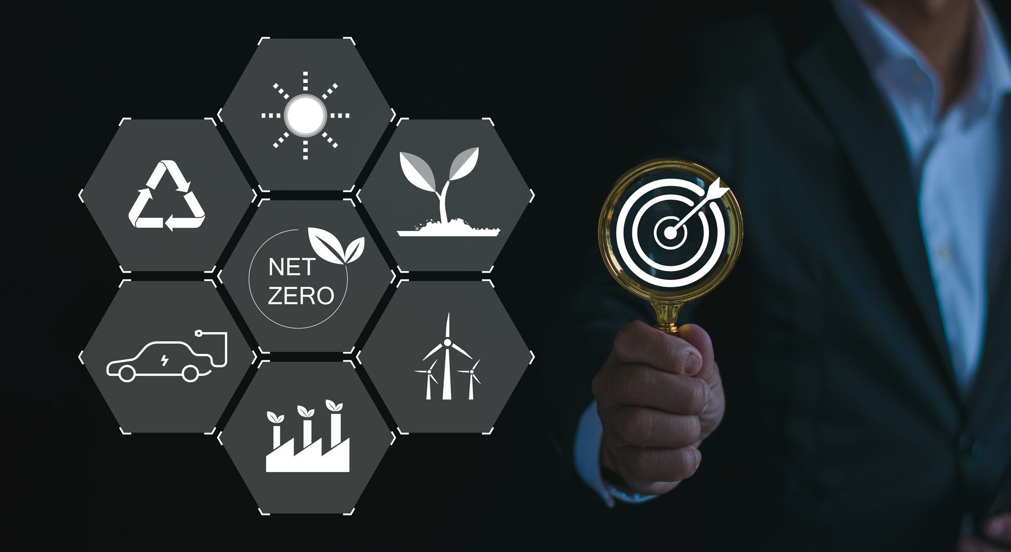 Target businessman working on virtual reality screen to reduce CO2 emissions, climate change to limi