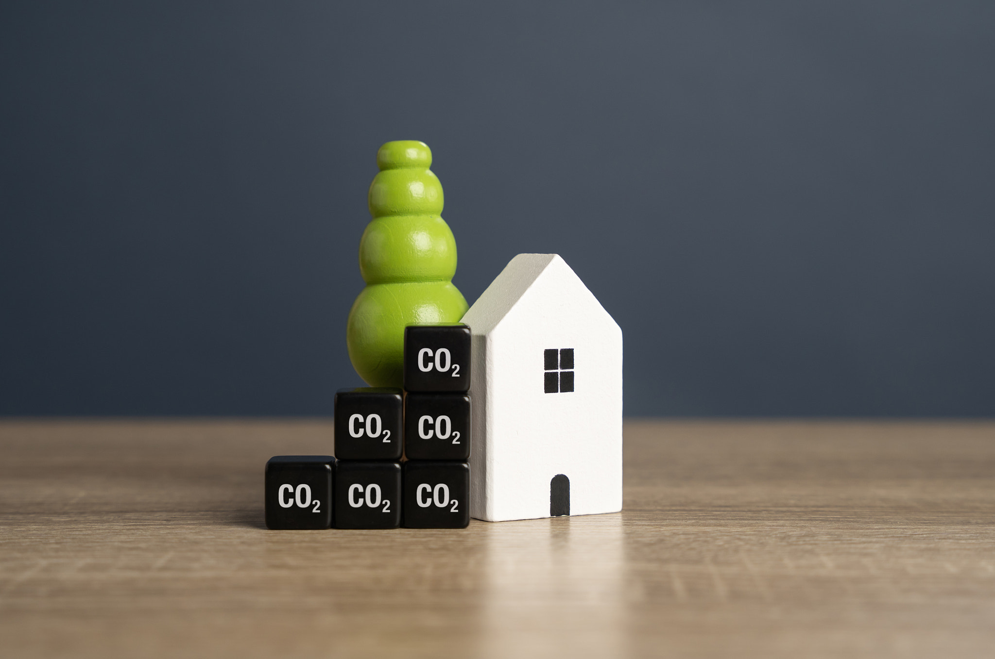 House and CO2 metric cubes. Energy efficiency. Reduce a homes carbon footprint and energy consumptio
