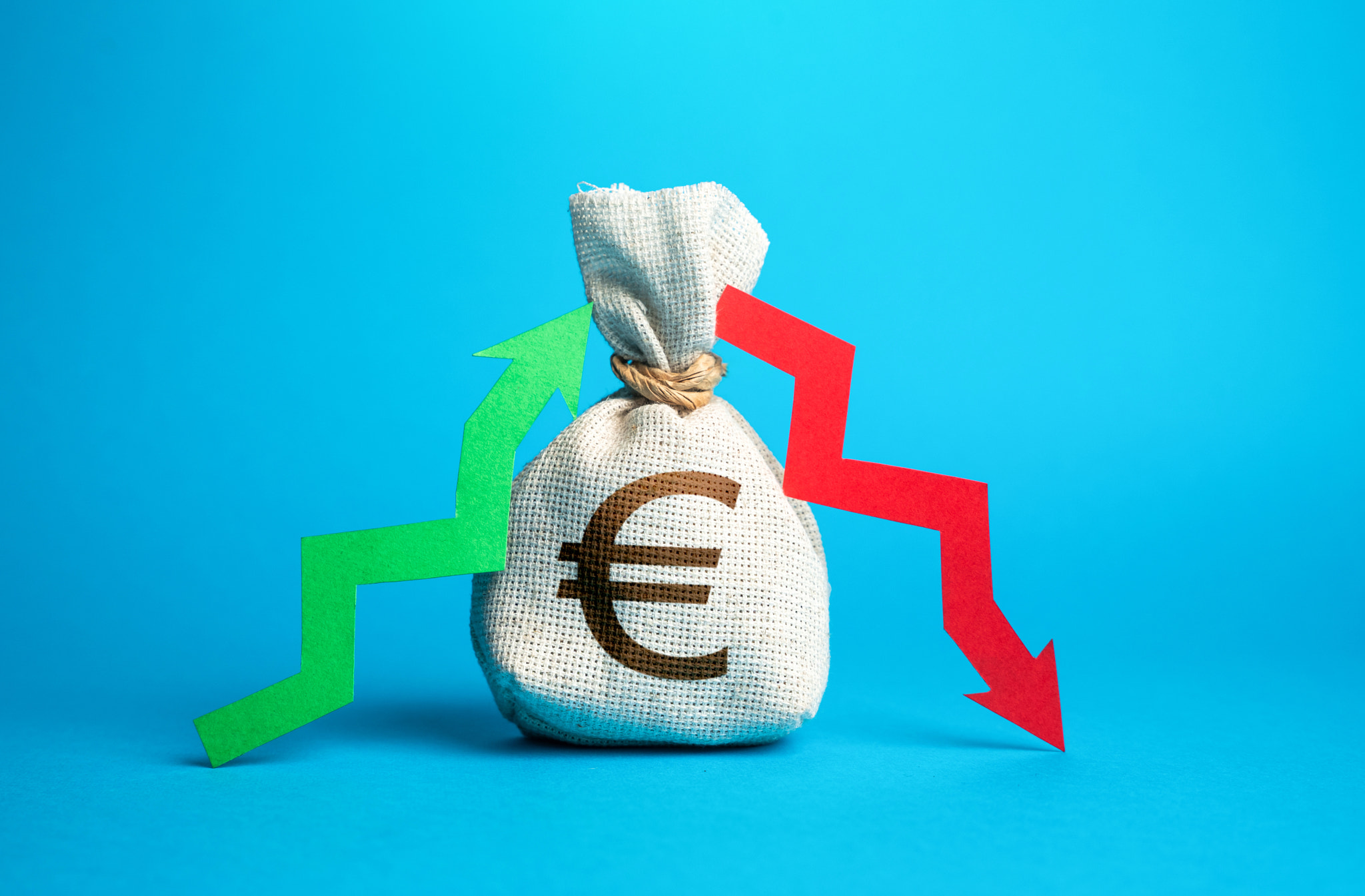 Euro money bag and profit and loss arrows. Tracking income and expenses. Financial balanced budget.