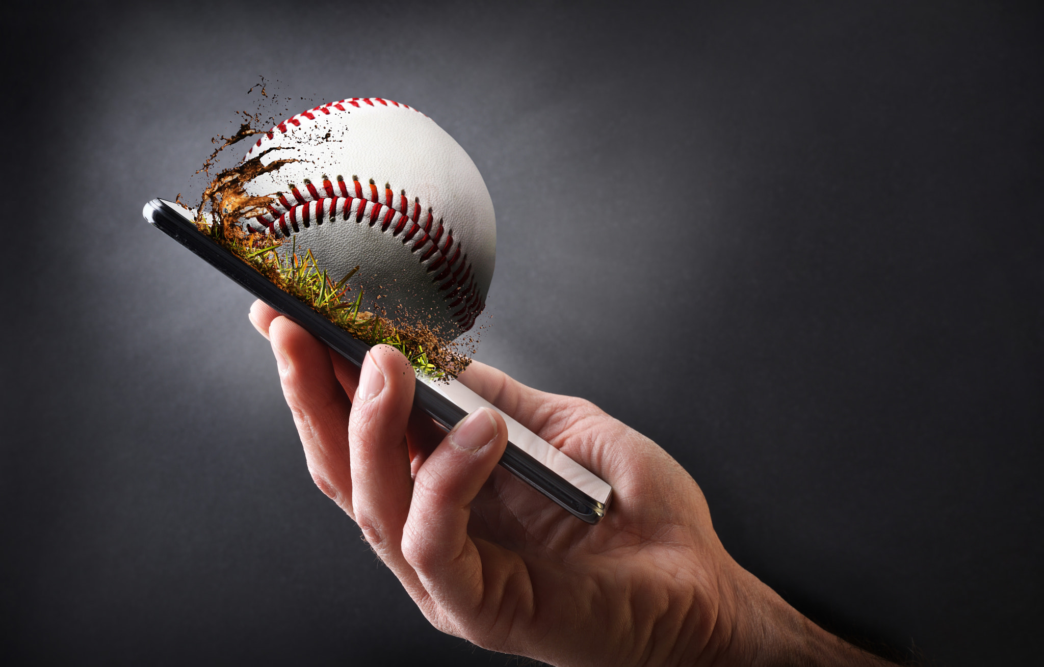 Concept watching baseball online with hand with mobile and ball