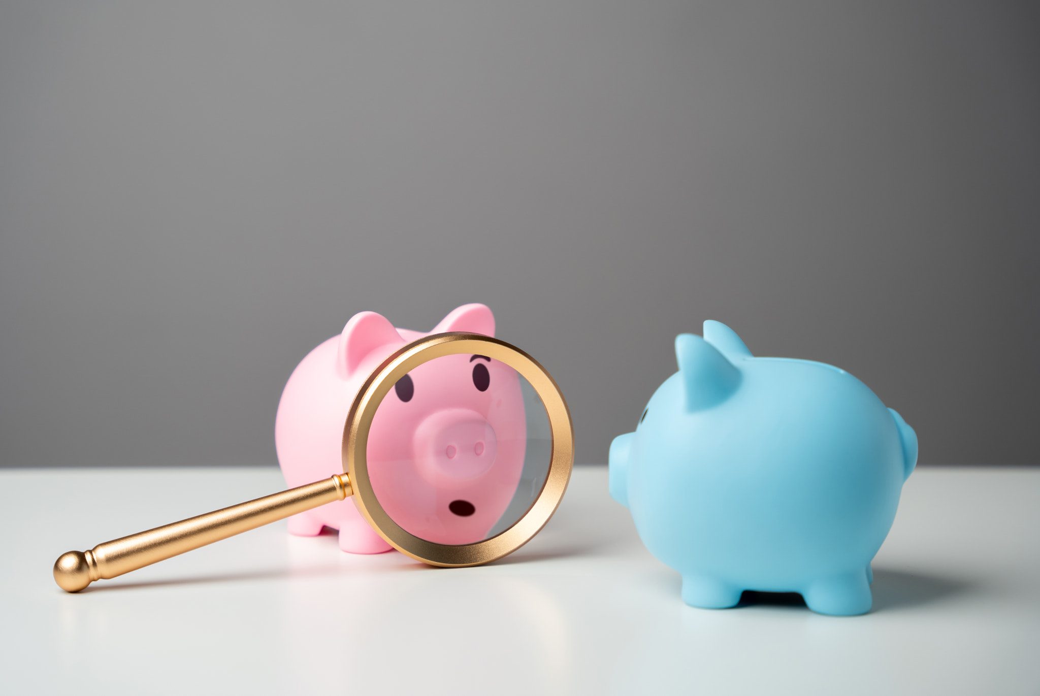 Piggy bank and magnifying glass. Consideration of money saving strategies. Study terms and condition