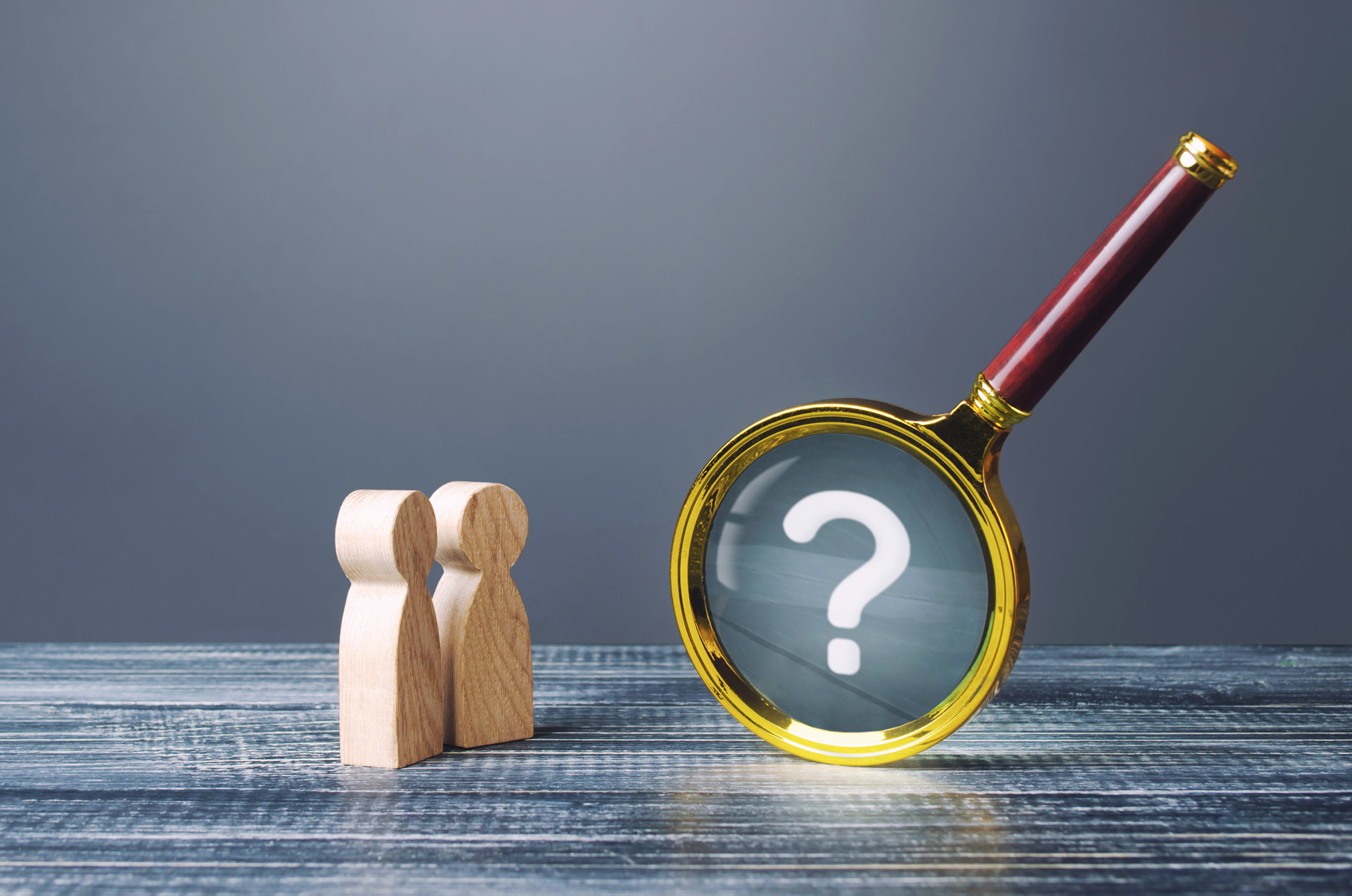 People look at magnifying glass with question mark. Search, analysis, analytics study. Pay attention