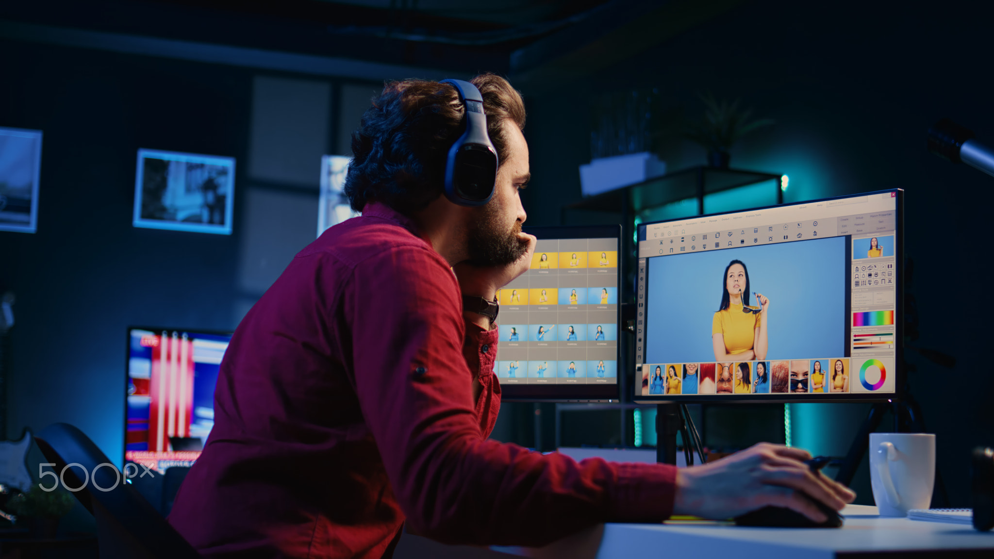 Expert editing photos in advertising agency office using stylus on