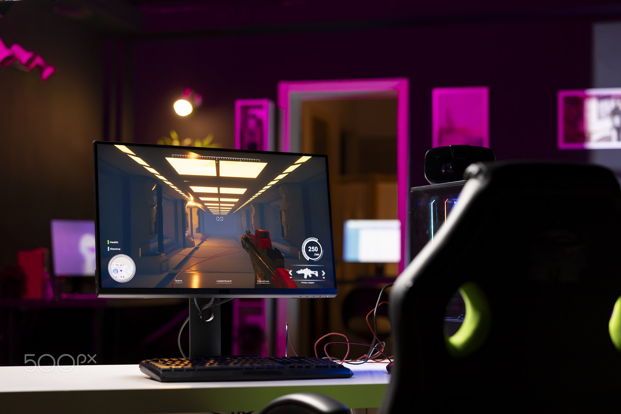 Professional gaming empty room studio with neon lights and powerful