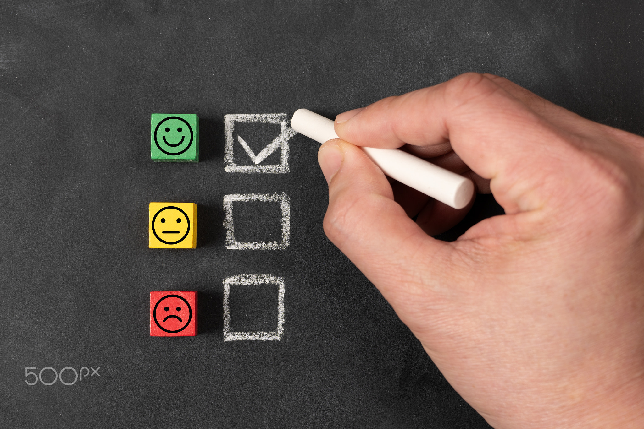 Customer satisfaction survey, feedback or being positive in life with smiley face