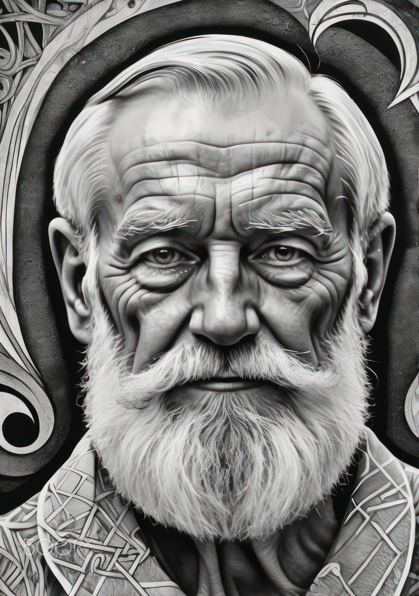 Black and white drawing of an aged gentleman with facial hair
