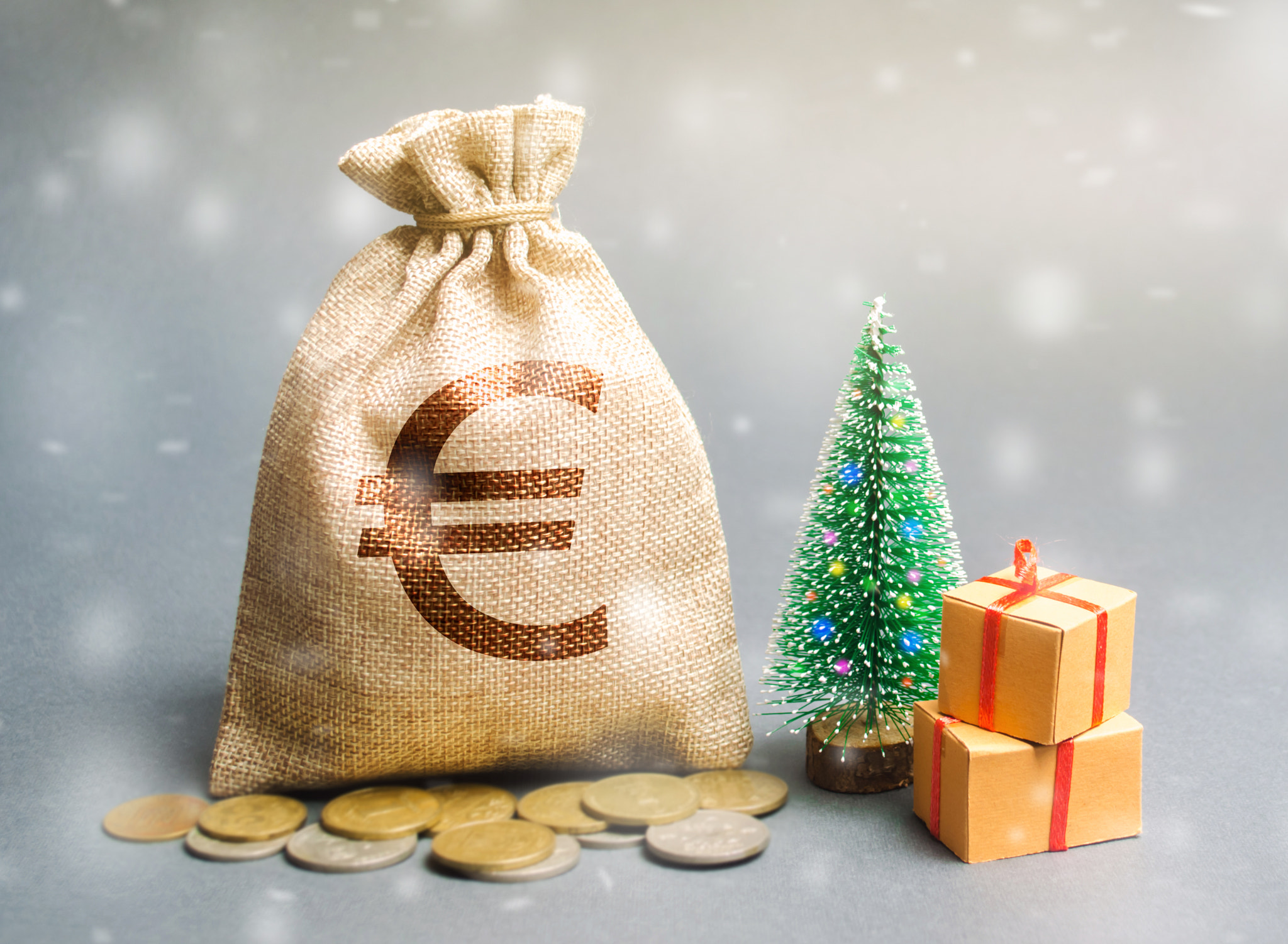 Money bag with coins and snowfall with tree. Business and finance. Loans, deposit, credit. New Year