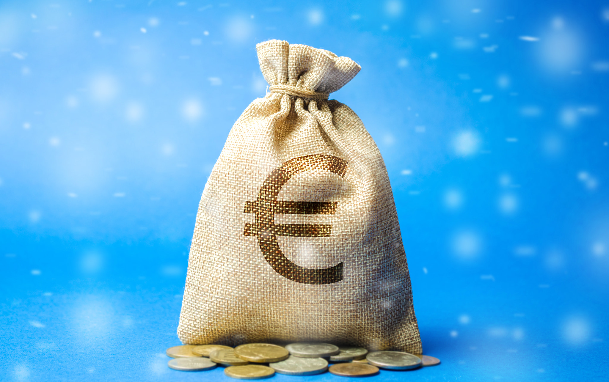 Money bag with coins and snowfall. Business and finance. Loans, deposit, credit. New Year promotions