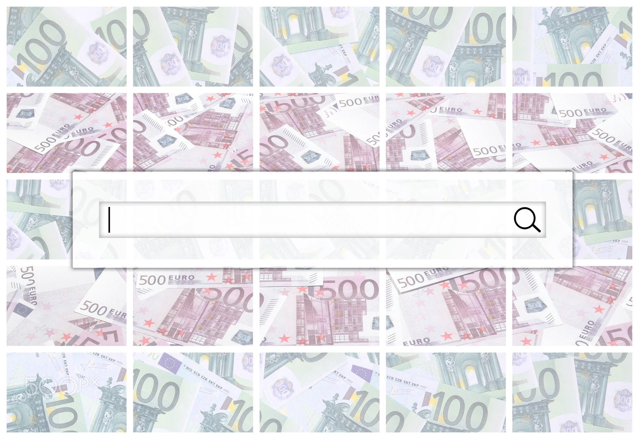 The search string is located on top of collage of many images of hundreds of dollars and euro bills