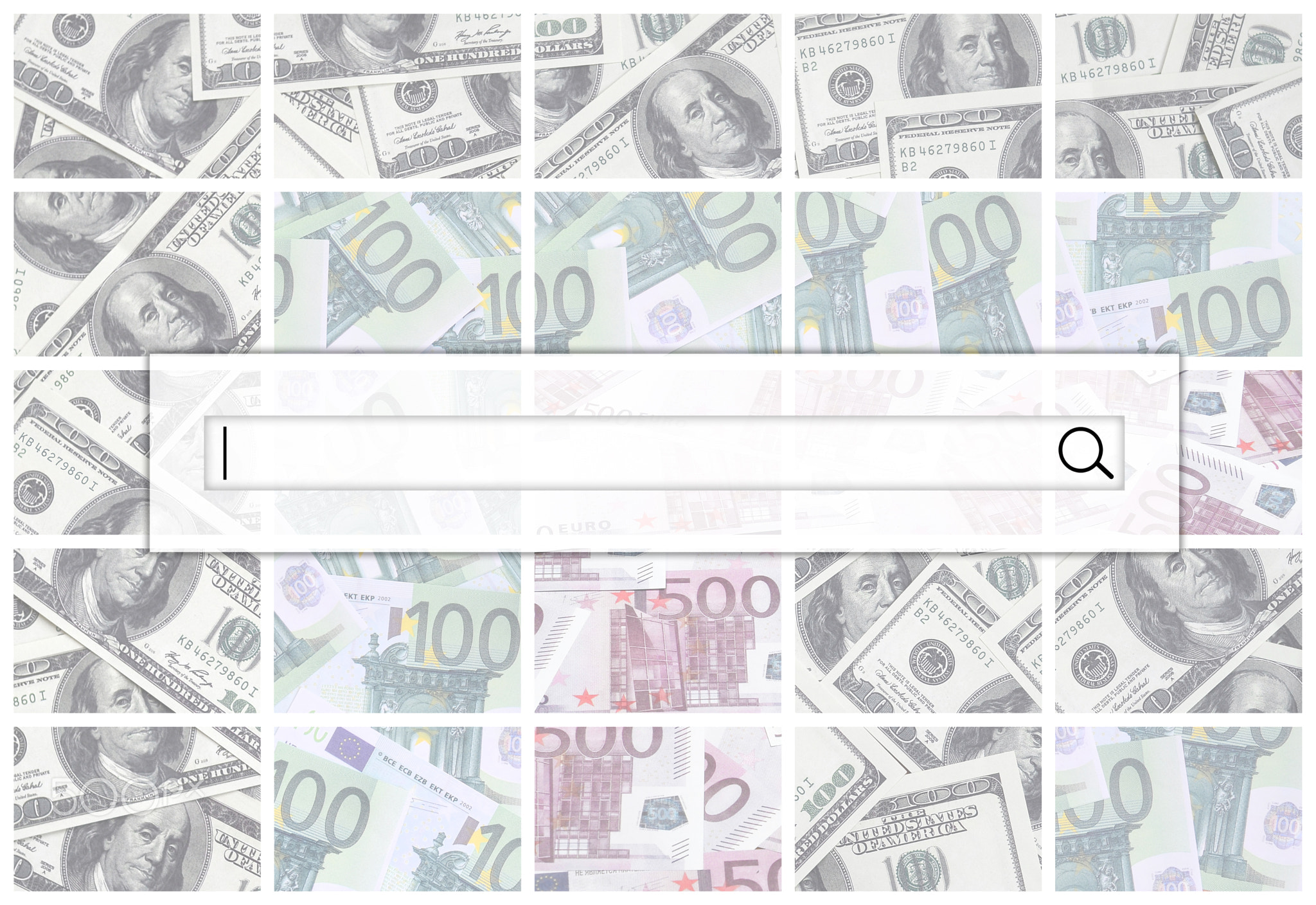 The search string is located on top of collage of many images of euro banknotes in denominations of