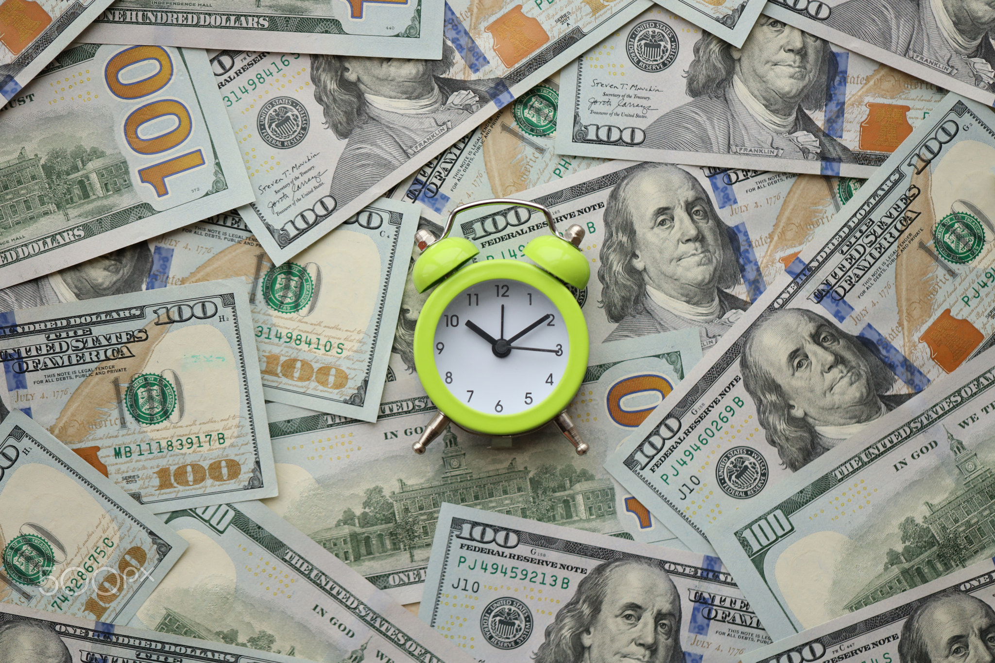 Alarm clock on hundred dollar bills banknotes. Background of time management, business