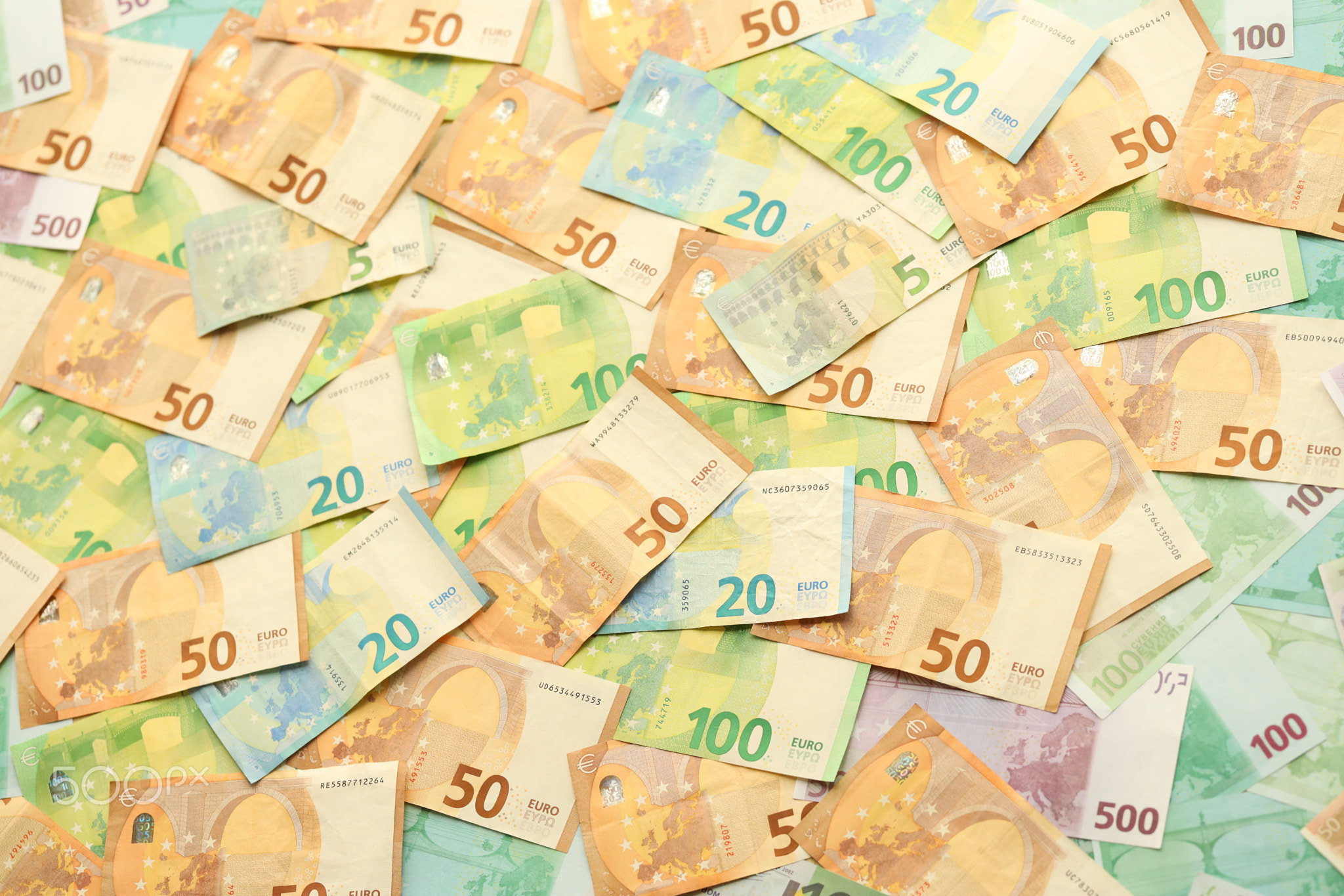 Many european euro money bills. Lot of banknotes of european union currency