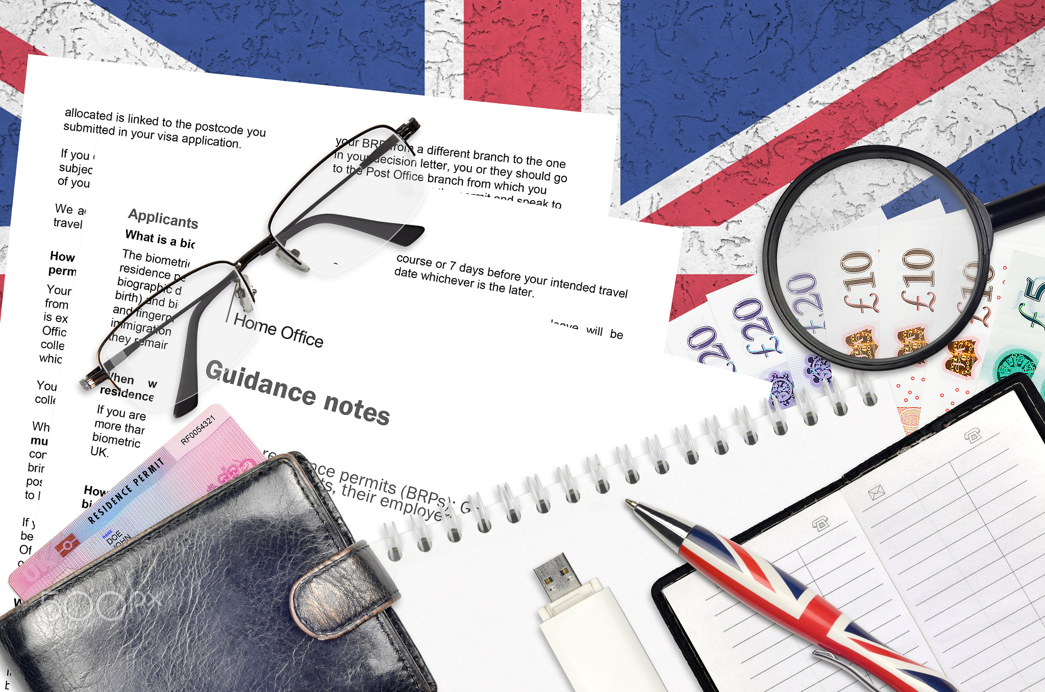 English form BRP with guidance notes to applying biometric residence permit card from UK visas and