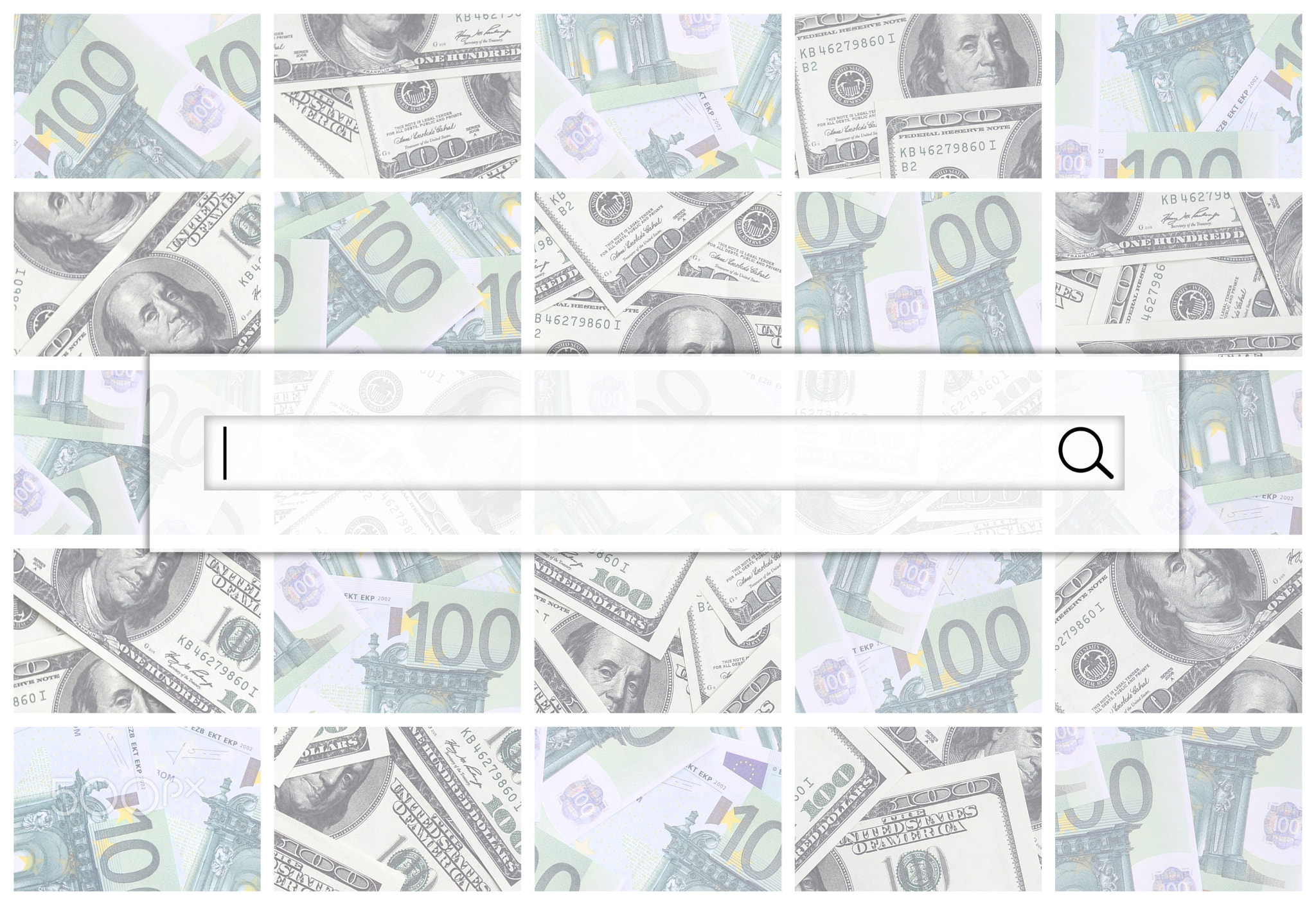 The search string is located on top of collage of many images of euro banknotes in denominations of